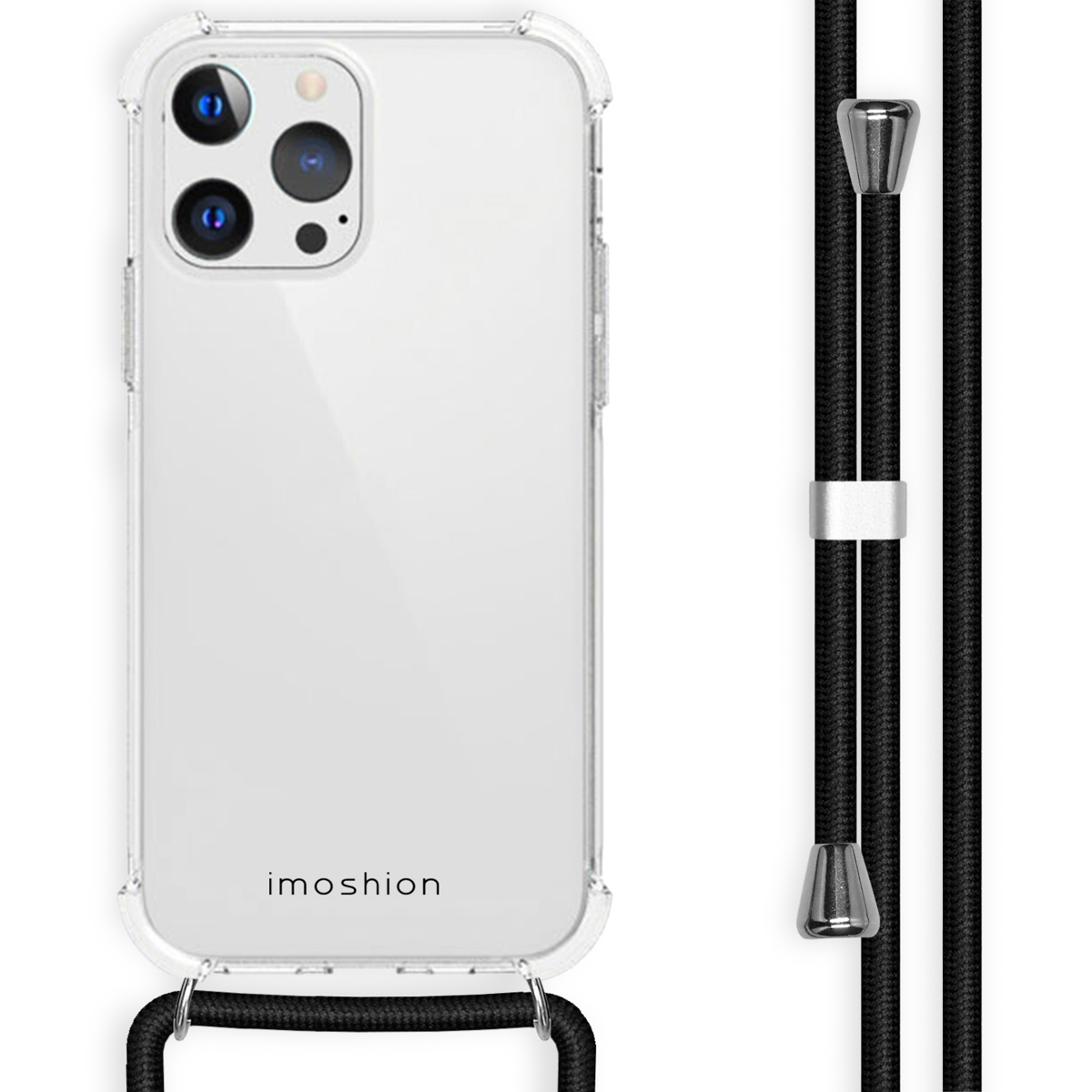 Coque de téléphone transparente avec cordon noir. L'étui entoure le téléphone. Fond blanc.