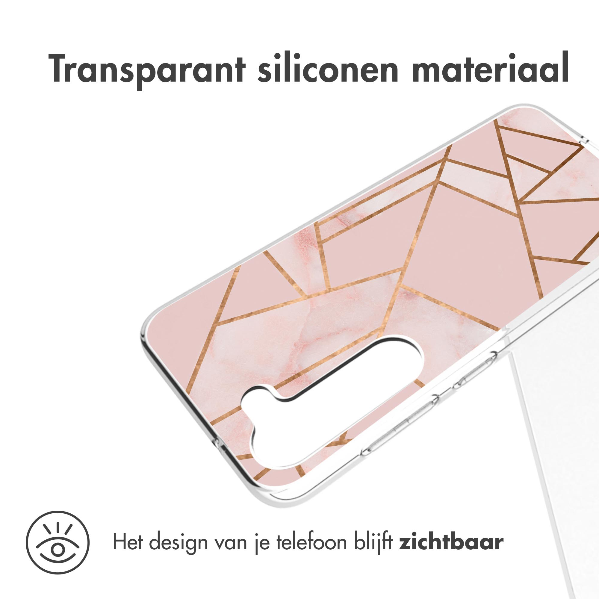 Phone case with pink marble design. Gold lines and transparent silicone material. White background.
