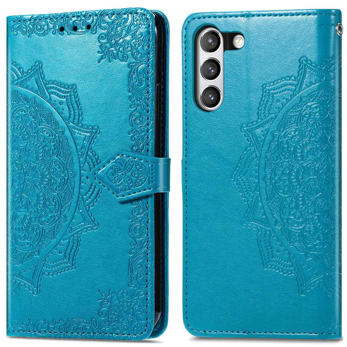Blauwe telefoonhoes met een mandala-ontwerp, geopend om een telefoon te laten zien.