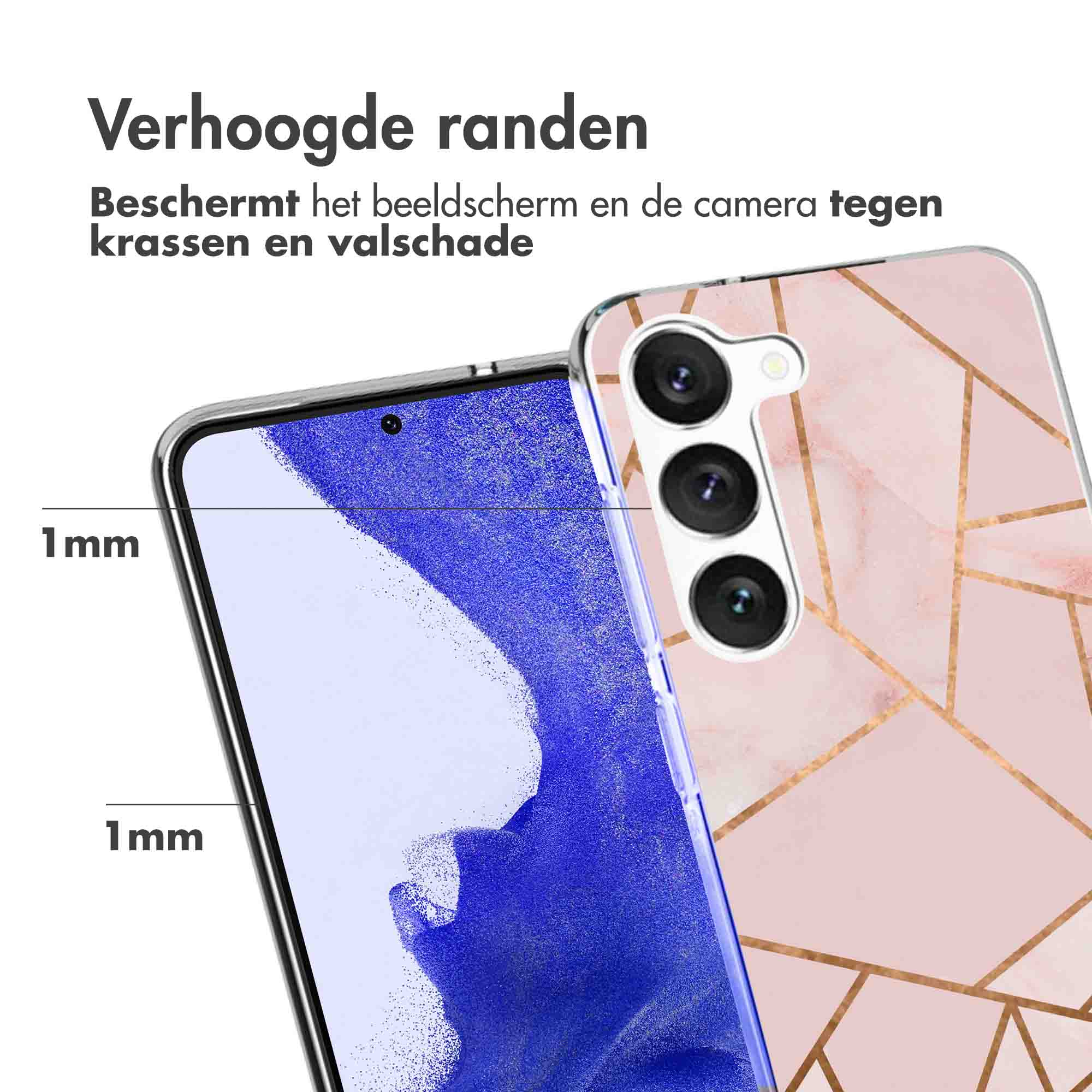 Phone with pink and gold patterned case, screen and camera view.