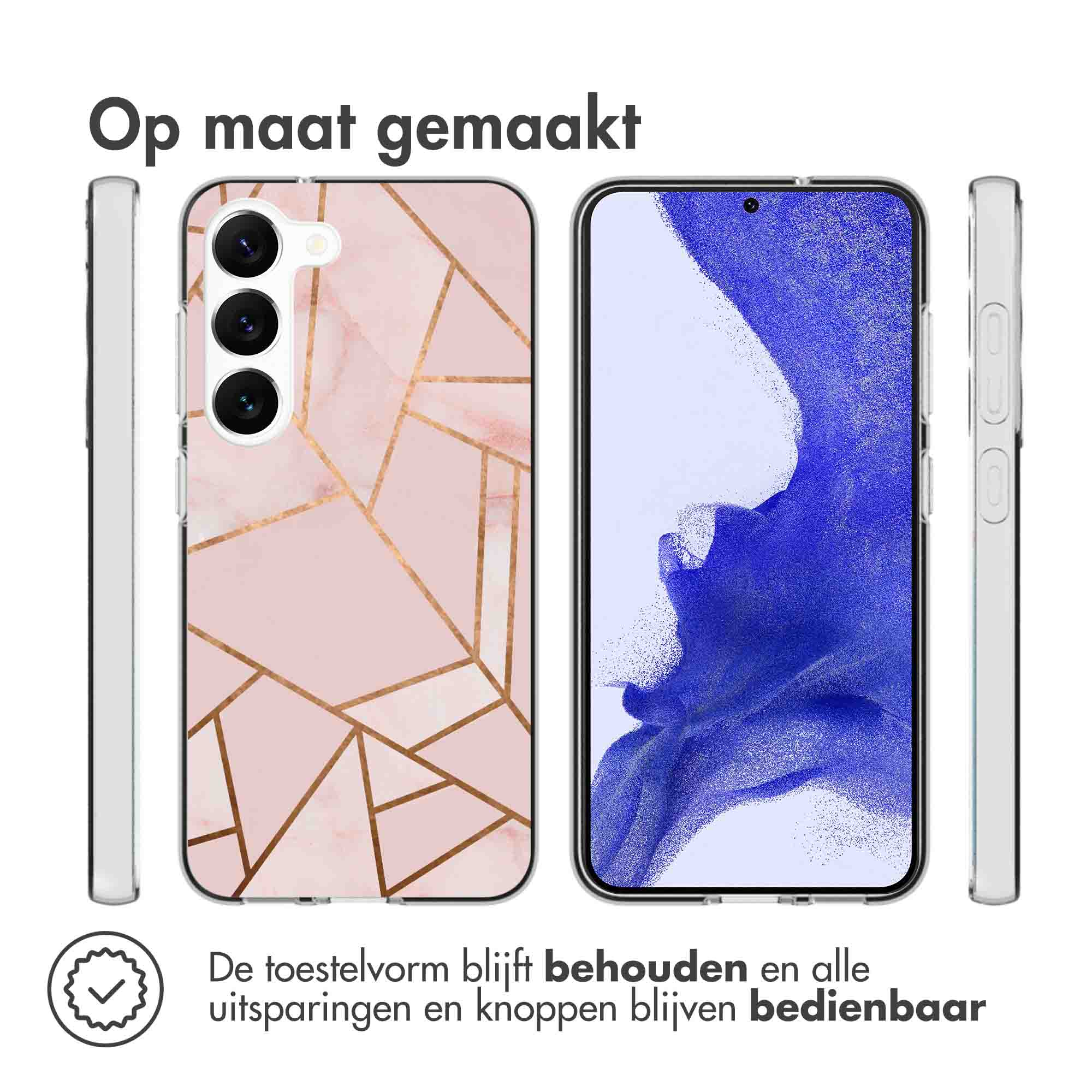 Phone case and phone. Case is pink with gold lines. Phone is black. Text: Op maat gemaakt.