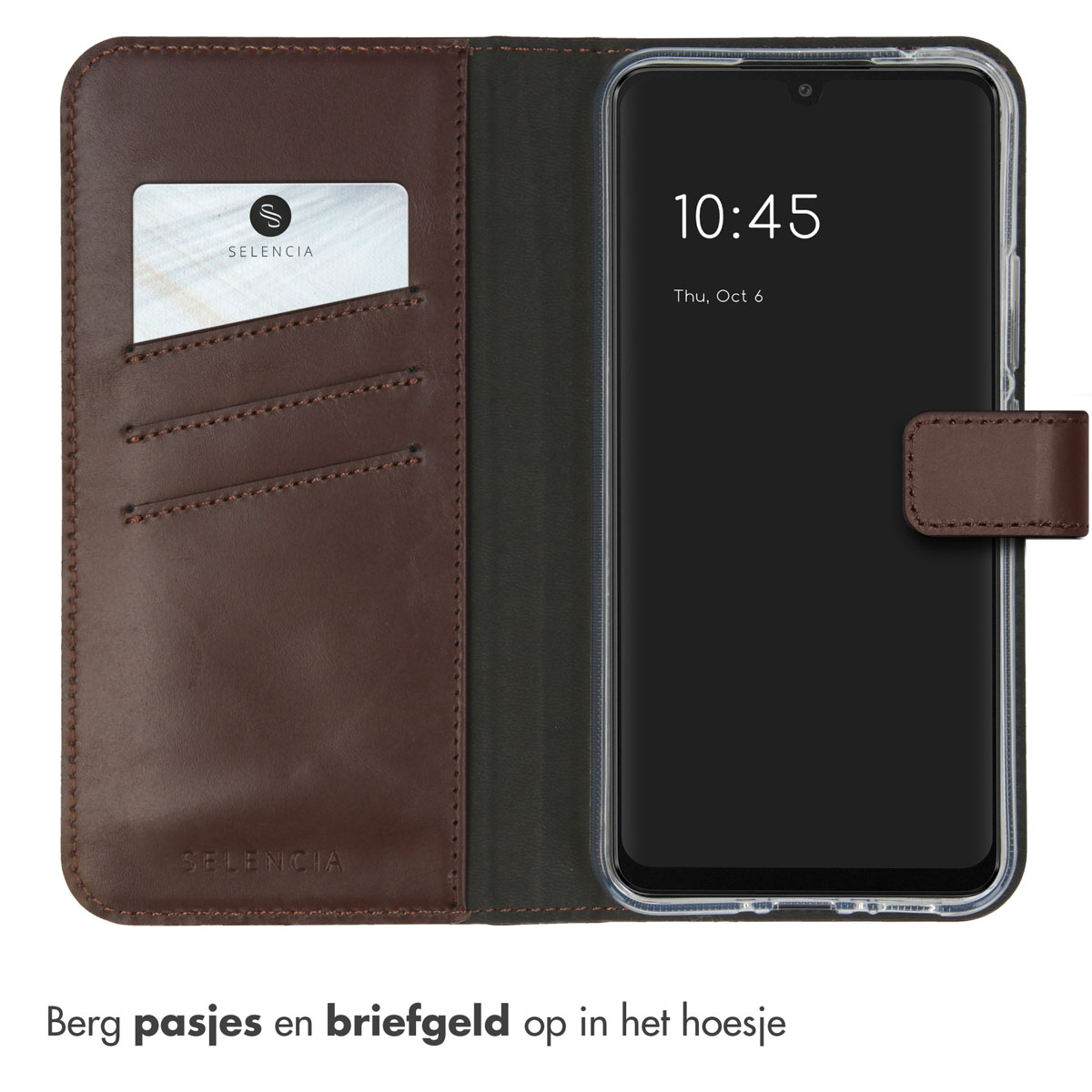 Bruine leren telefoonhoes met kaartsleuven, telefoon met tijd. Tekst: Berg pasjes en briefgeld.