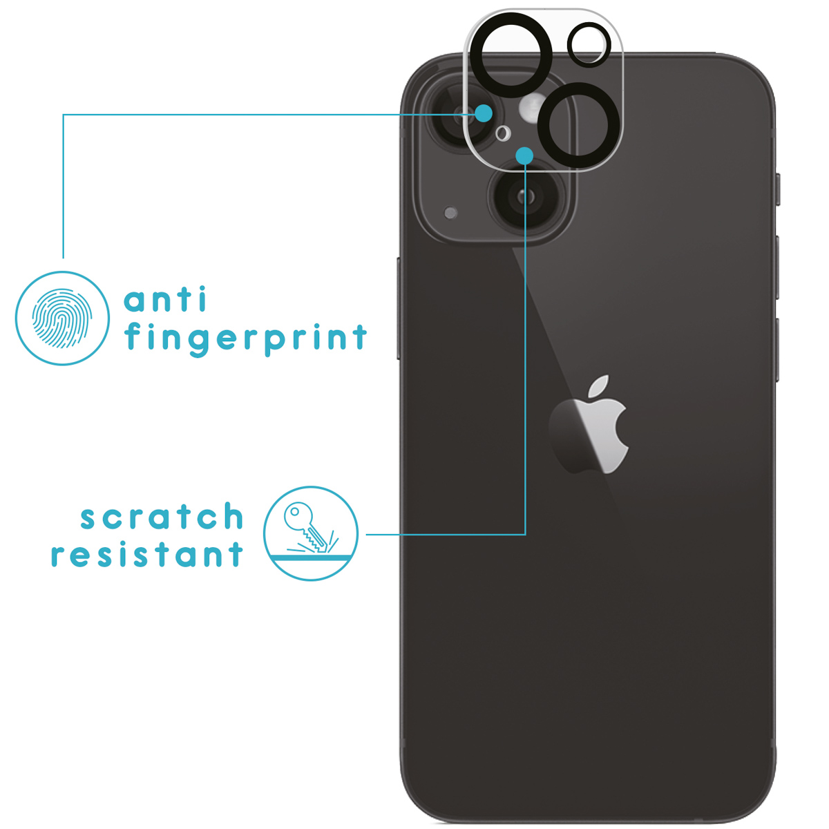 Zwarte iPhone met camerabescherming. Anti-vingerafdruk en krasbestendige functies worden benadrukt.