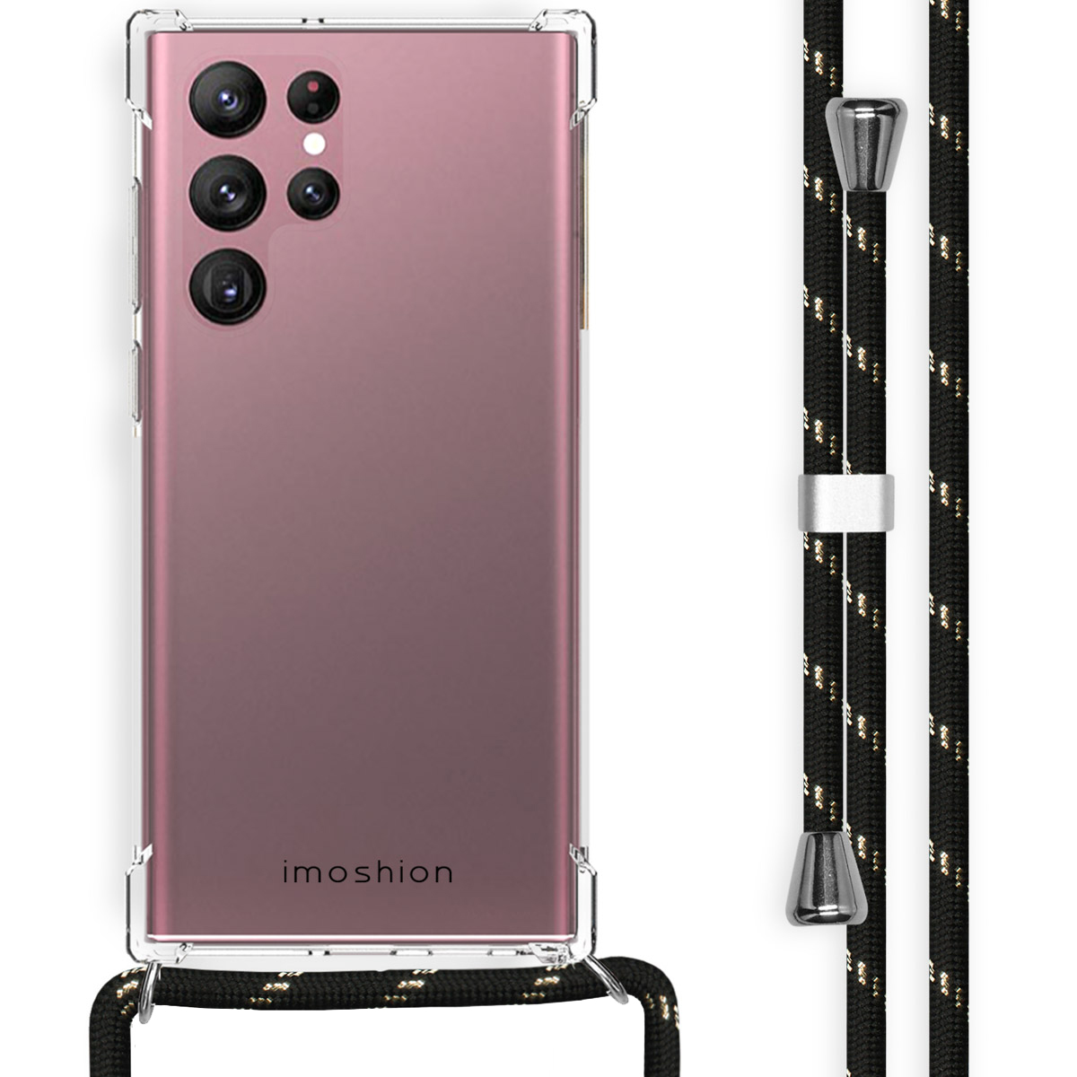 Téléphone rose dans étui transparent avec cordon noir. Cordon noir et or à accents argentés.