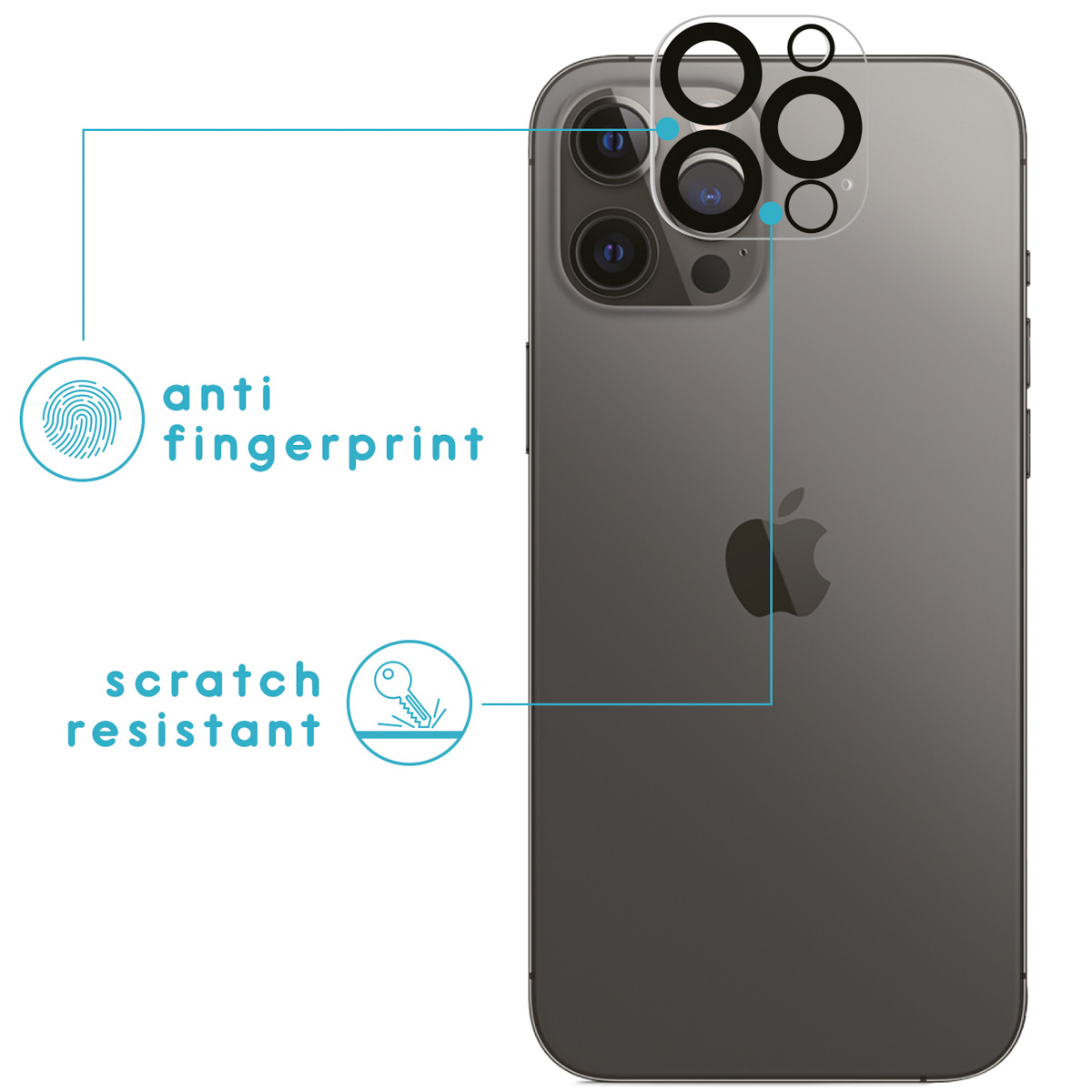 Telefoon achterkant met lensbeschermer, tekst anti-vingerafdruk.