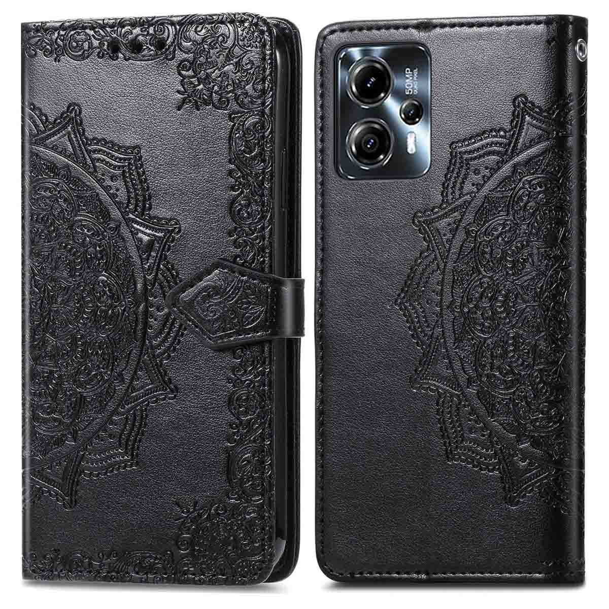 Étui en cuir noir avec un motif mandala, ouvert pour montrer un téléphone.