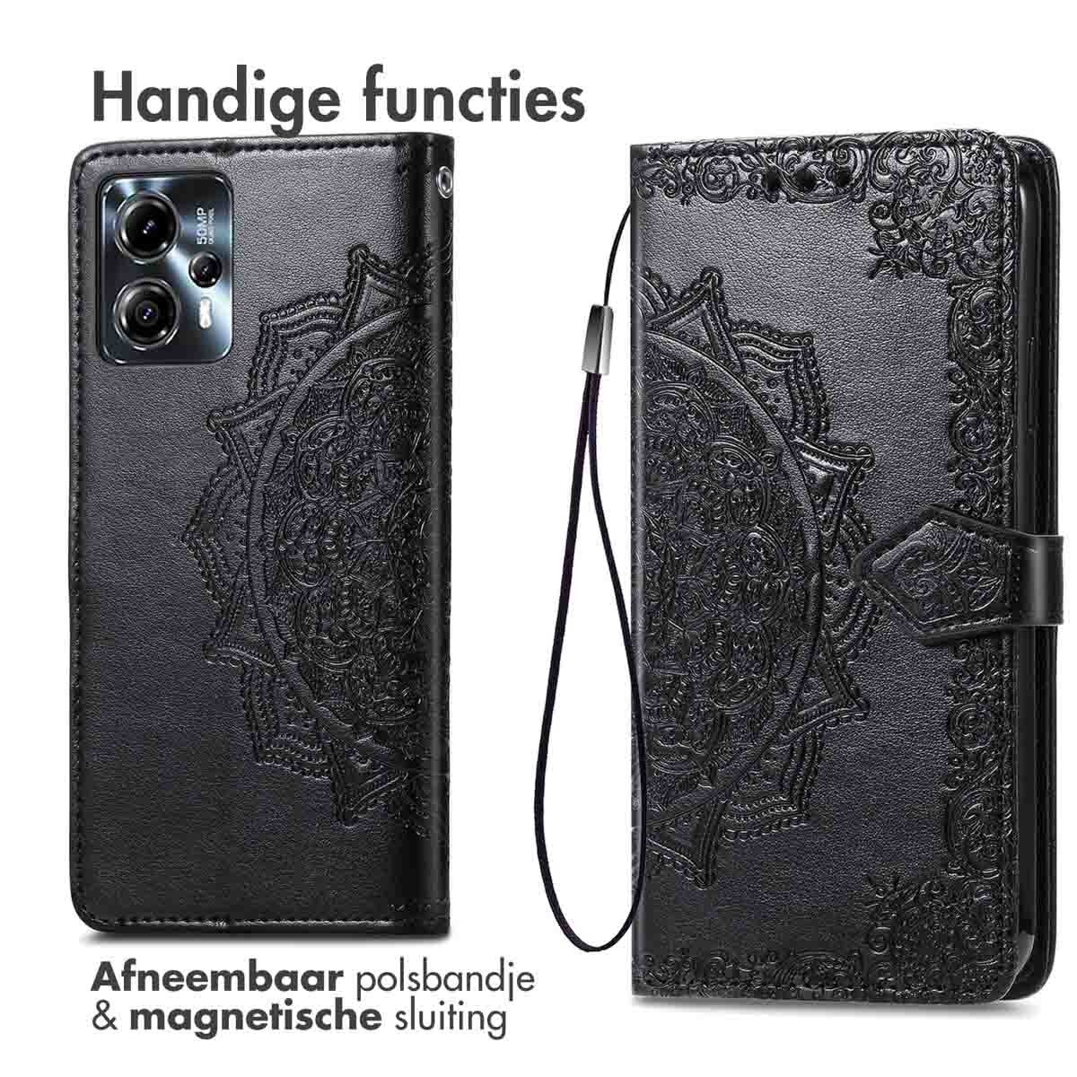 Étui de téléphone noir avec motif mandala, dragonne amovible et fermeture magnétique. Le texte dit: Fonctions pratiques.