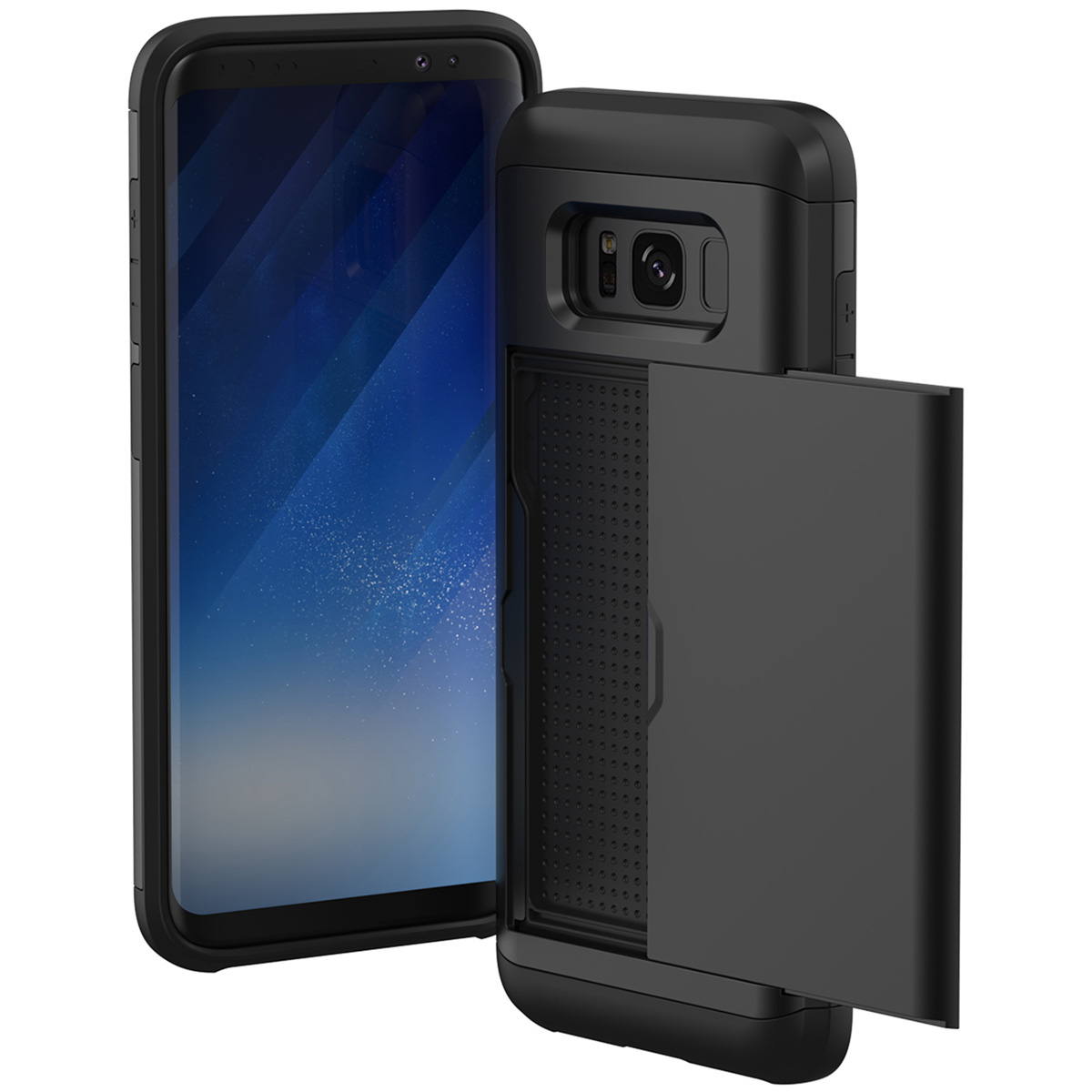 Coque de téléphone noire avec un téléphone et une fente ouverte pour le stockage, avec un couvercle noir.