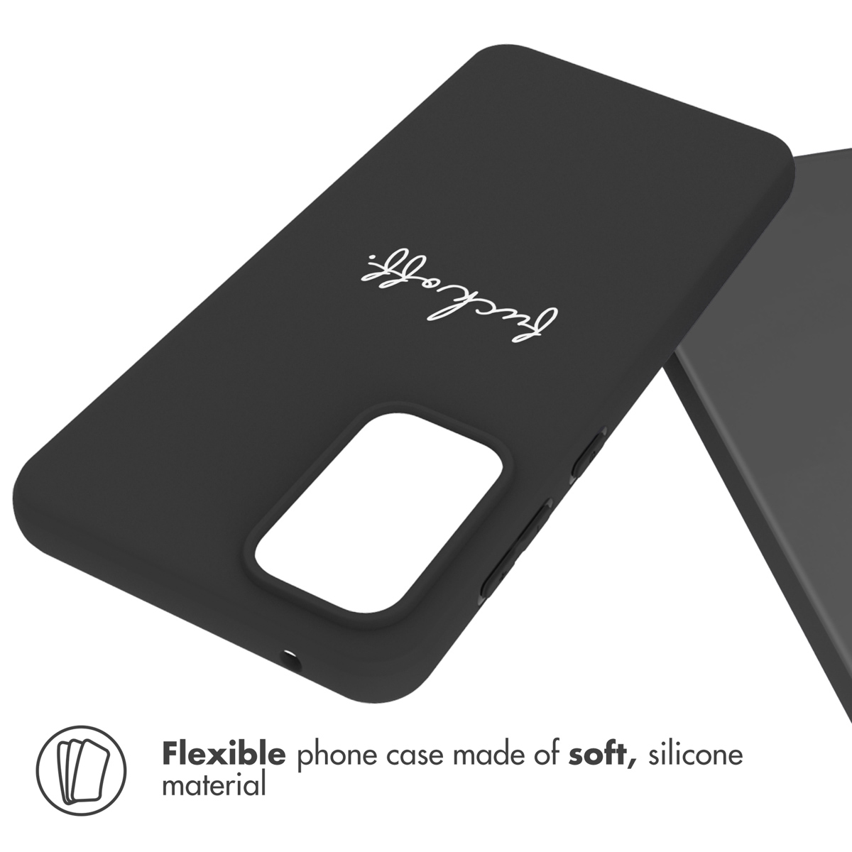 Coque de téléphone noire avec le texte "fuckoff." et un téléphone. Le texte indique qu'elle est en silicone souple.