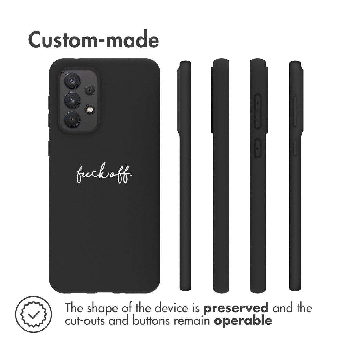 Coque de téléphone noire avec texte blanc 'fuck off'. Vue latérale du téléphone.