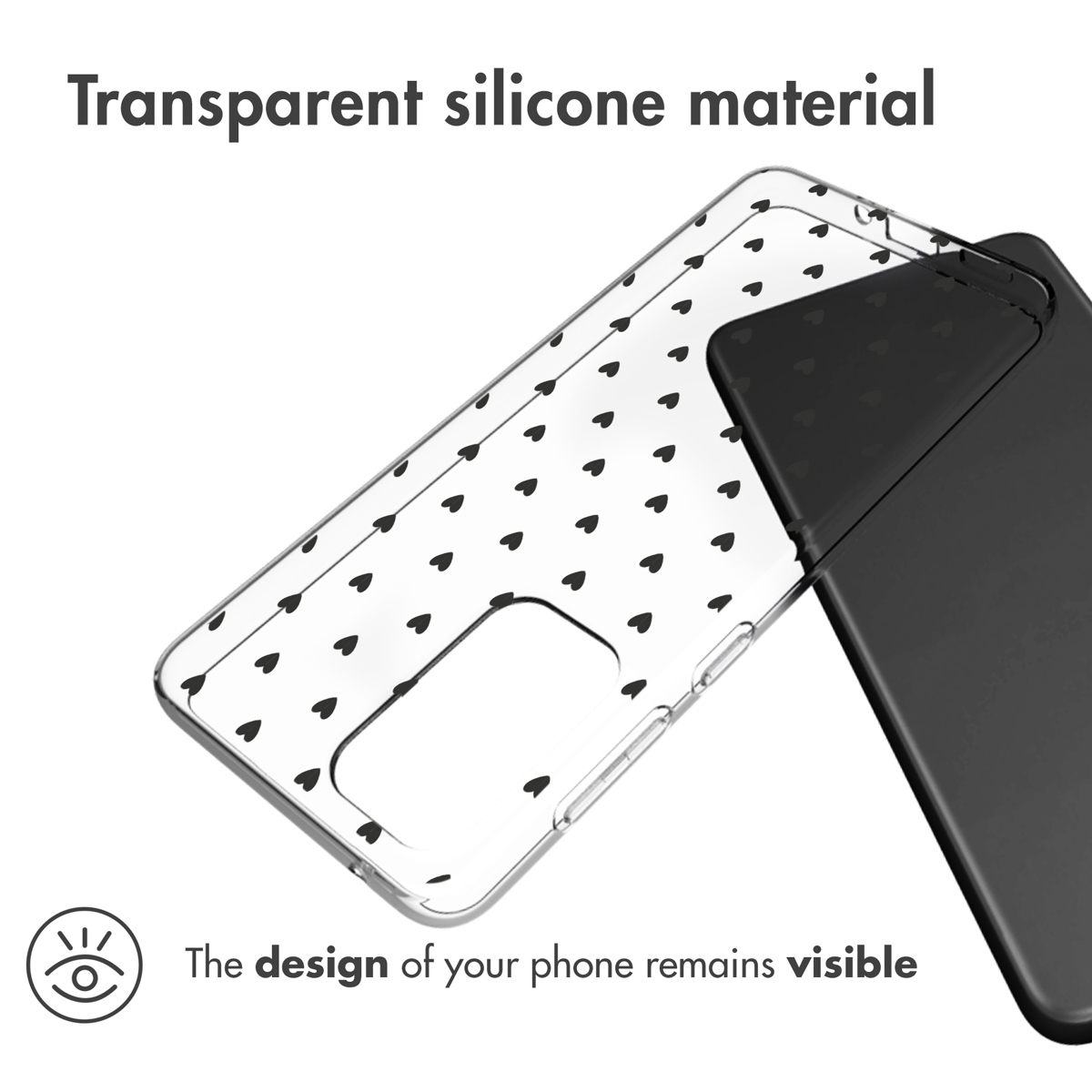 Coque de téléphone transparente avec des cœurs noirs. Téléphone et coque visibles. Le design du téléphone est visible.