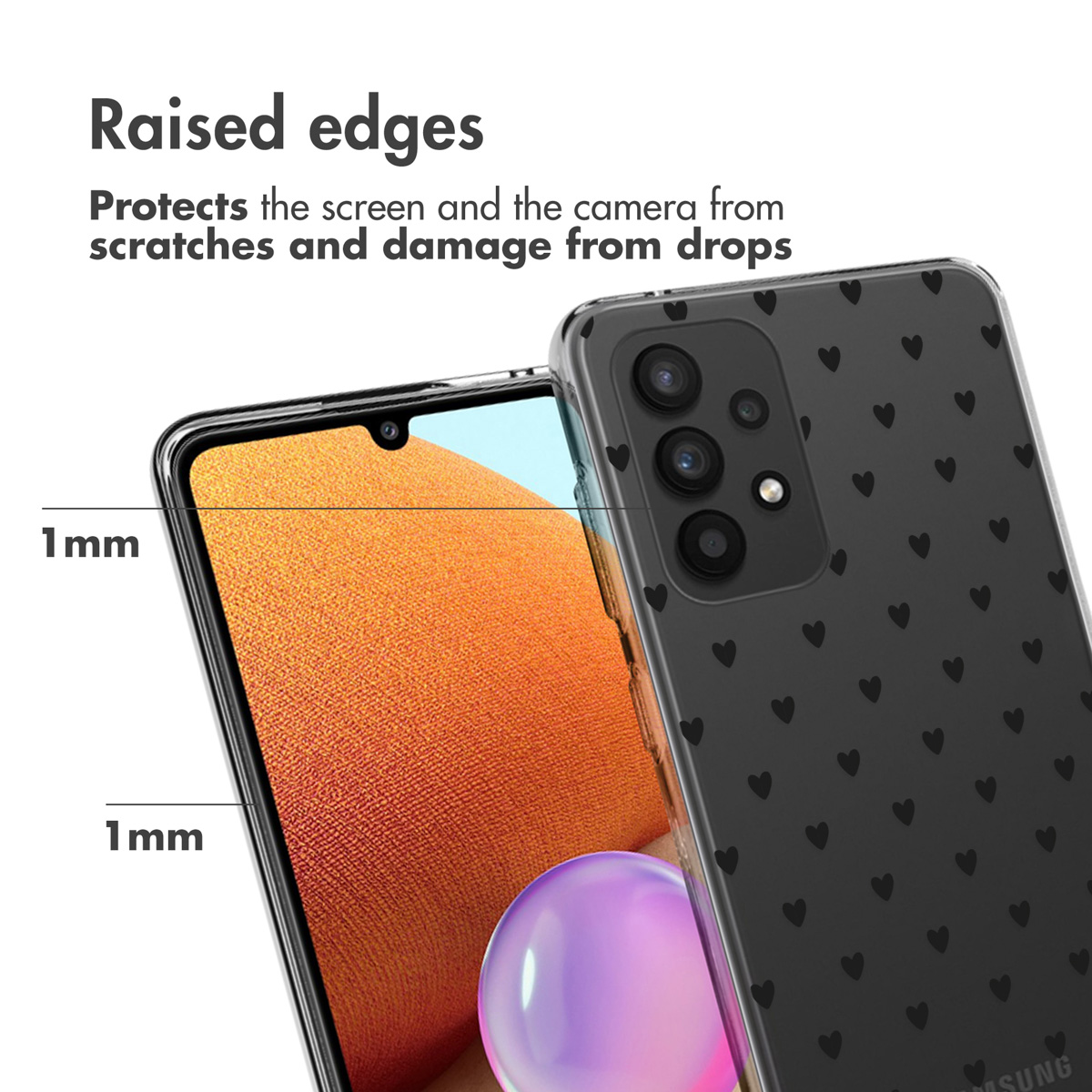 Écran de téléphone avec coque transparente, bords surélevés de 1 mm et motif de coeurs noirs.