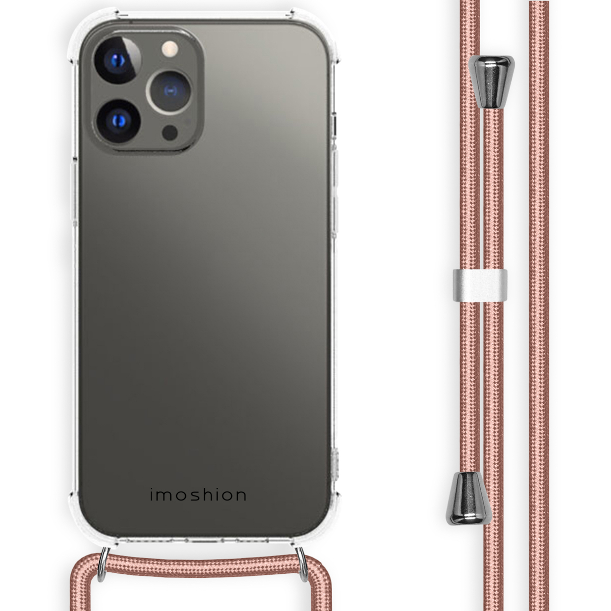 Een doorzichtig telefoonhoesje met een roze koord eraan. De telefoon is zichtbaar in het hoesje.