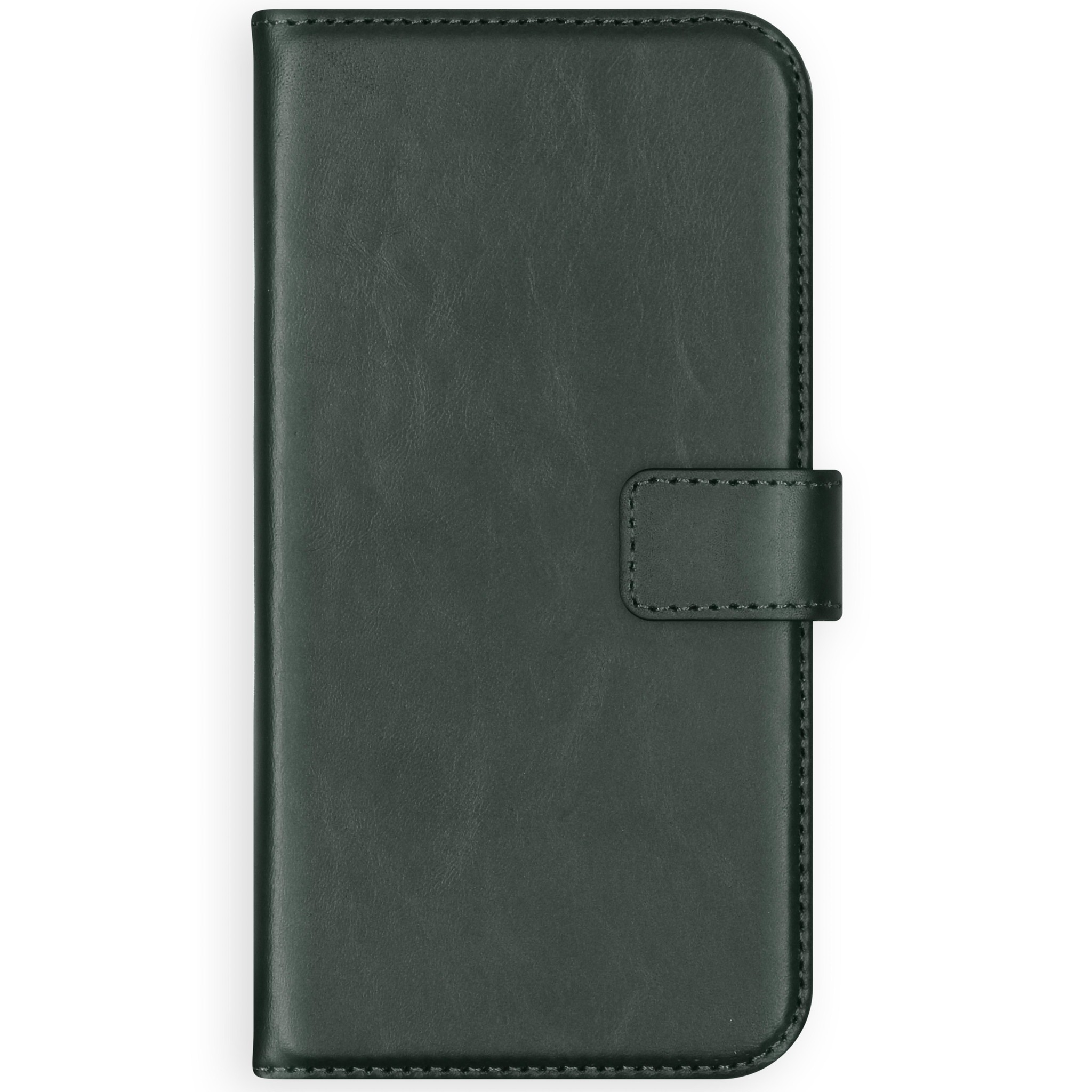 Étui de téléphone vert foncé, fermé. Design simple, avec fermeture magnétique.