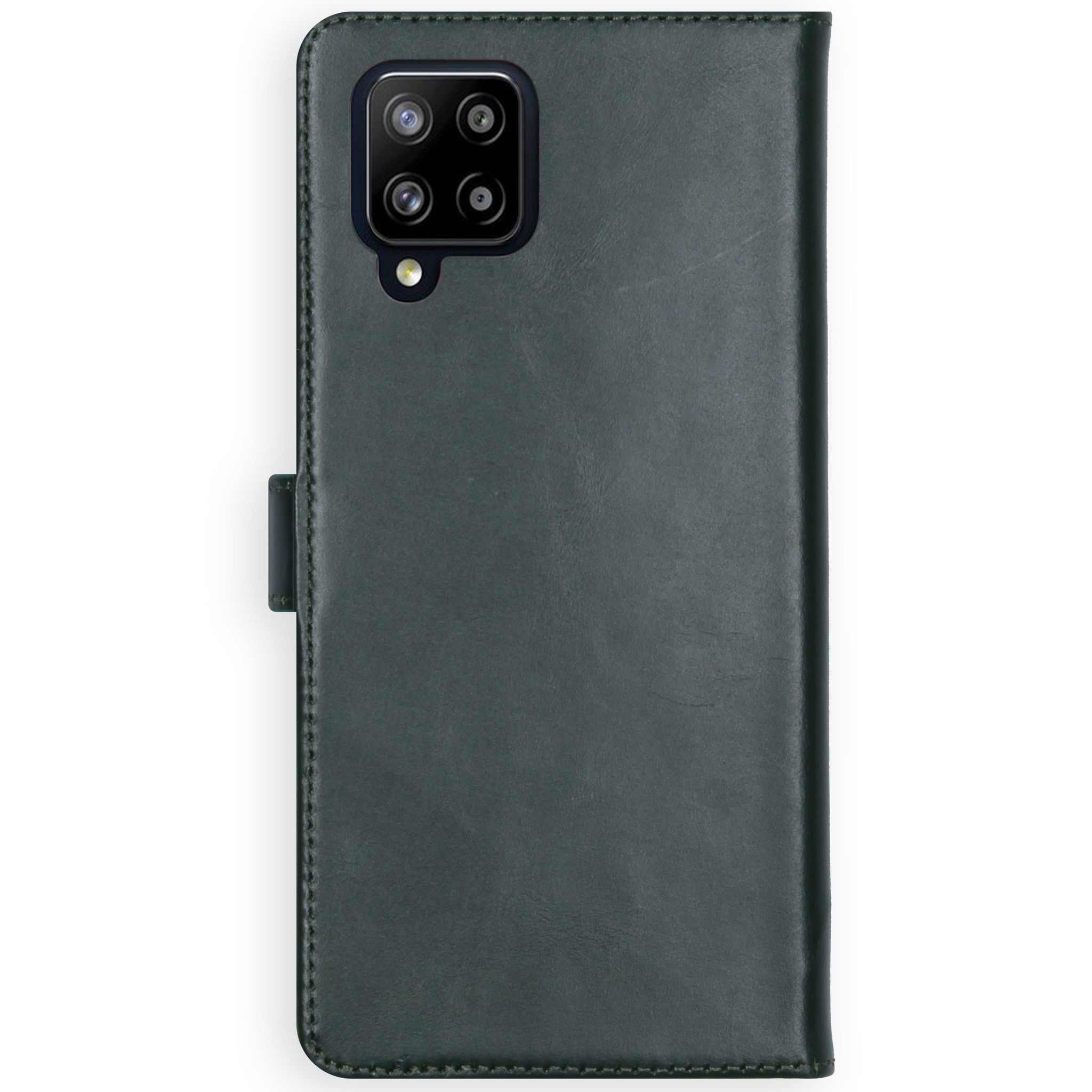 Étui vert foncé avec téléphone, montrant les lentilles de la caméra.