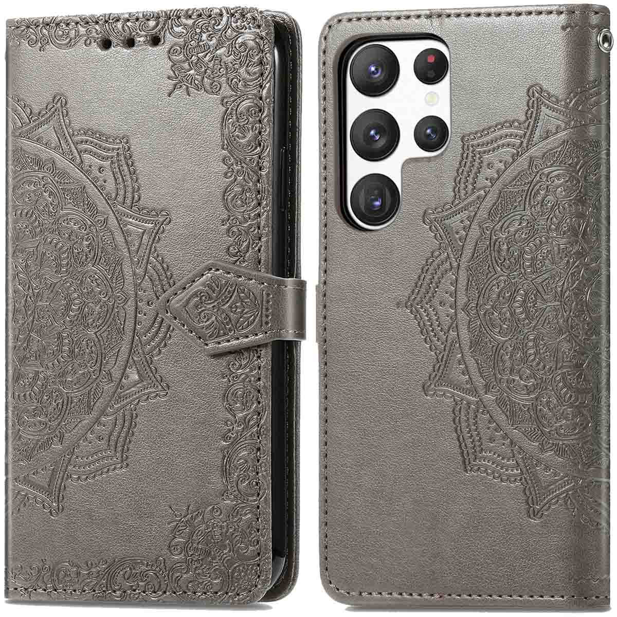 Grijze telefoonhoes met telefoon, mandala-patroon.