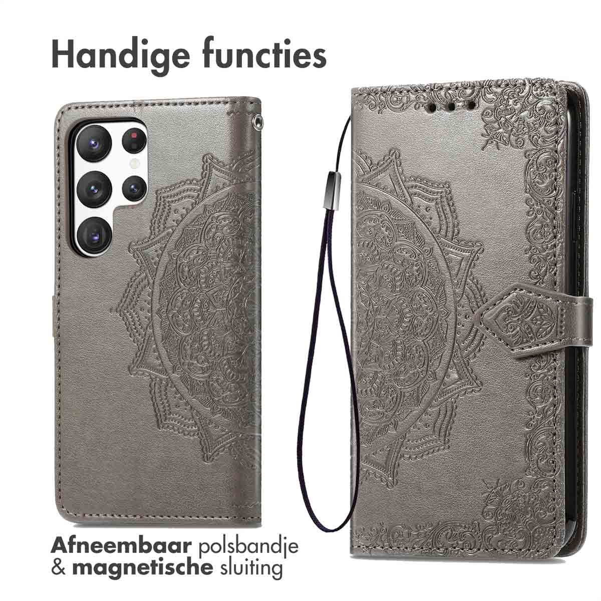 Grijze telefoonhoes met mandala-ontwerp, afneembare polsband en magnetische sluiting. De tekst zegt: Handige functies.