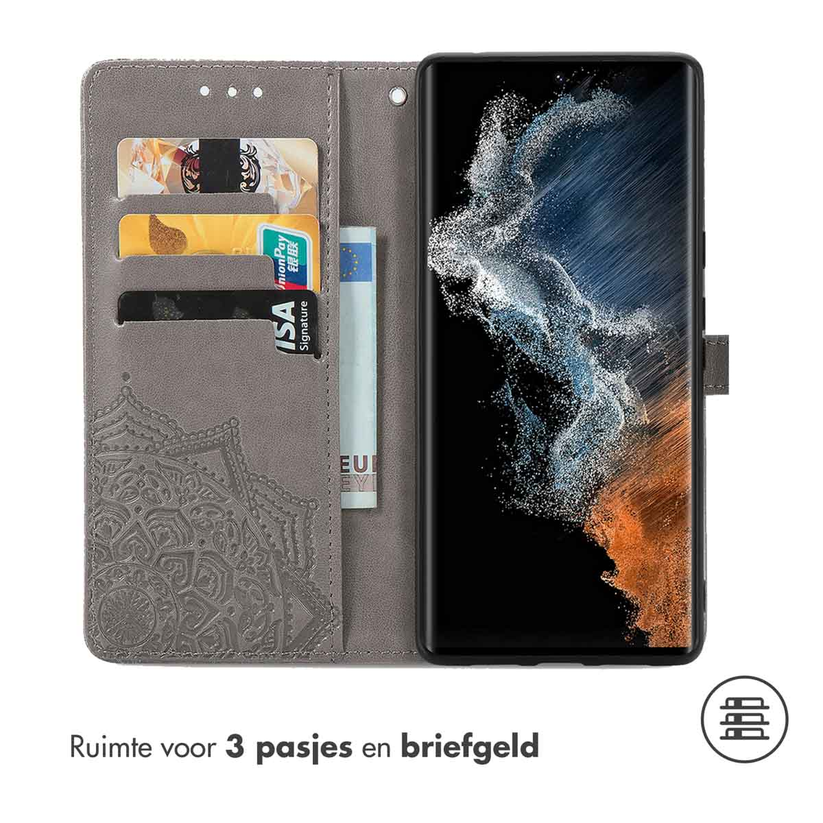 Grijze telefoonhoes met mandala-ontwerp, kaartsleuven en een telefoon. Tekst: ruimte voor 3 kaarten.