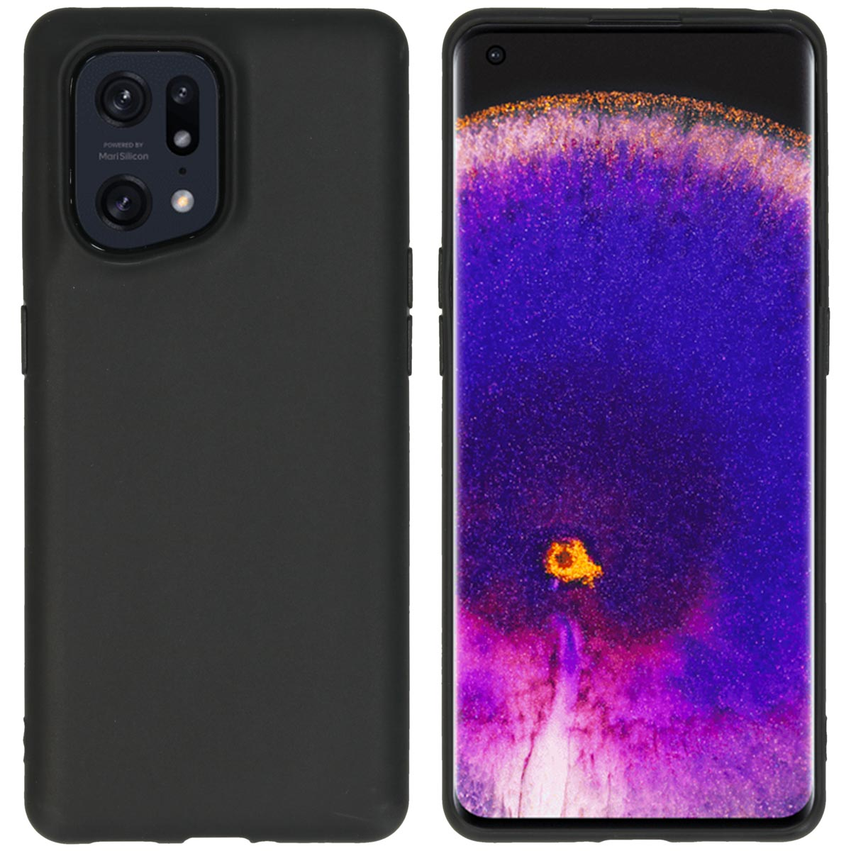 Schwarze Handyhülle und Telefon nebeneinander auf weißem Hintergrund.