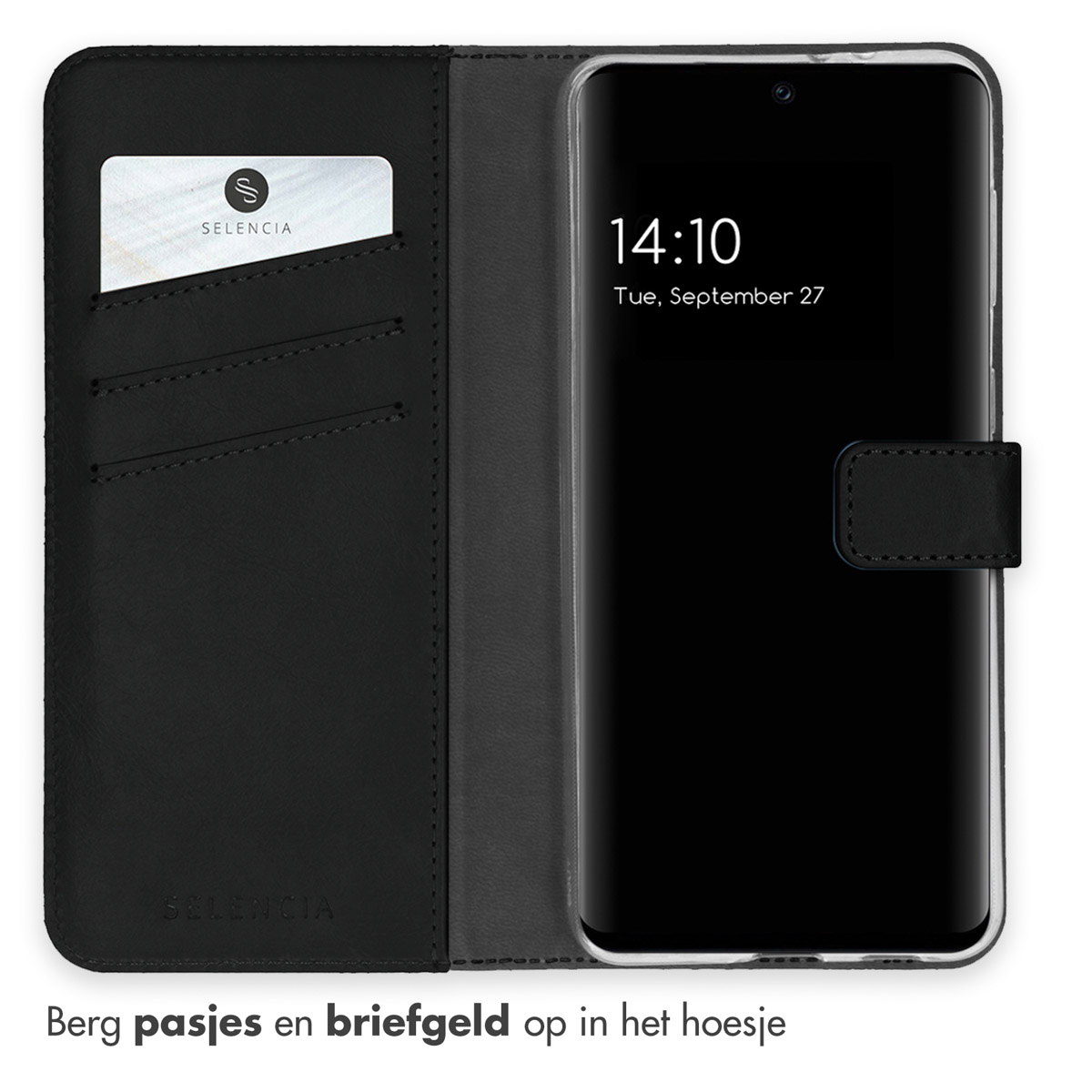 Zwarte telefoonhoes open, met een telefoon met de tijd en kaartsleuven, met een zichtbaar logo.