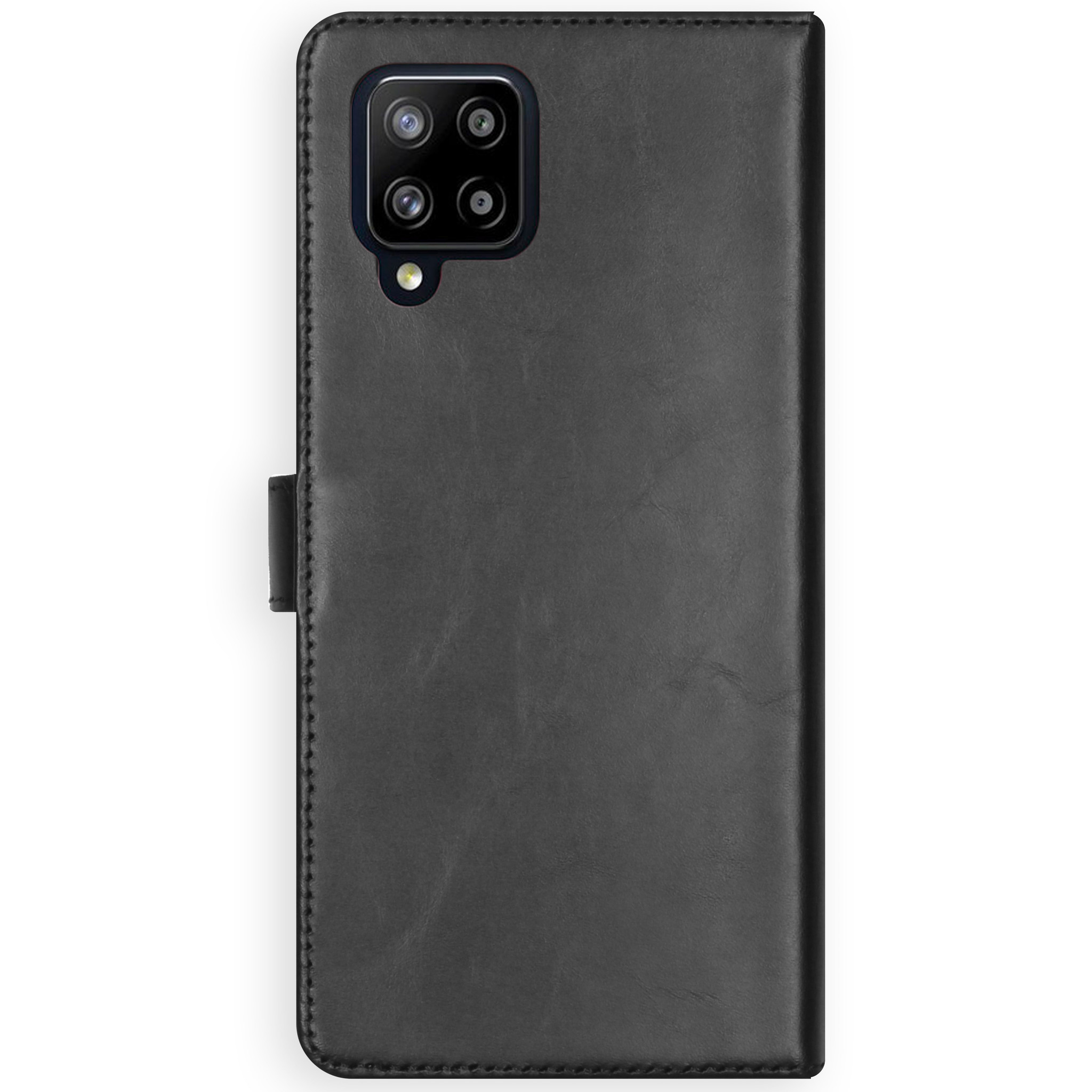 Étui de téléphone noir, fermé, montrant l'arrière d'un téléphone avec module caméra et bouton.