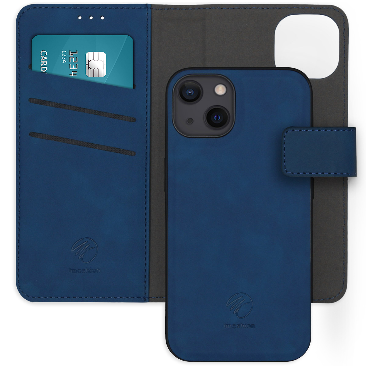 Blauw telefoonhoesje met telefoon en kaart, op een witte achtergrond.