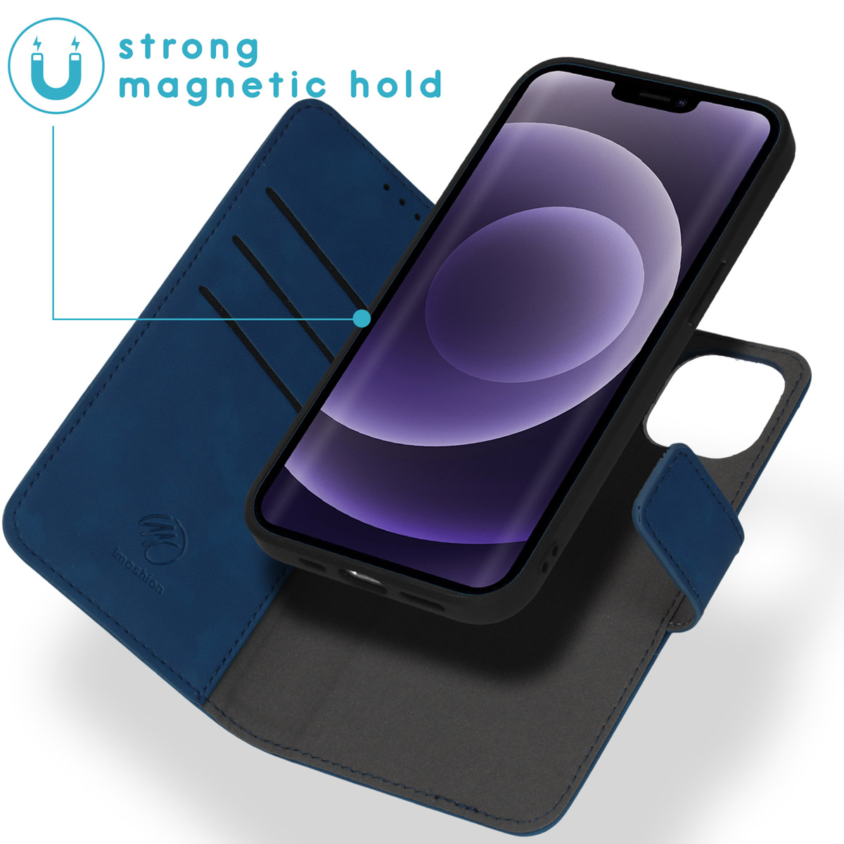 Blauwe telefoonhoes met telefoon, toont scherm en logo.