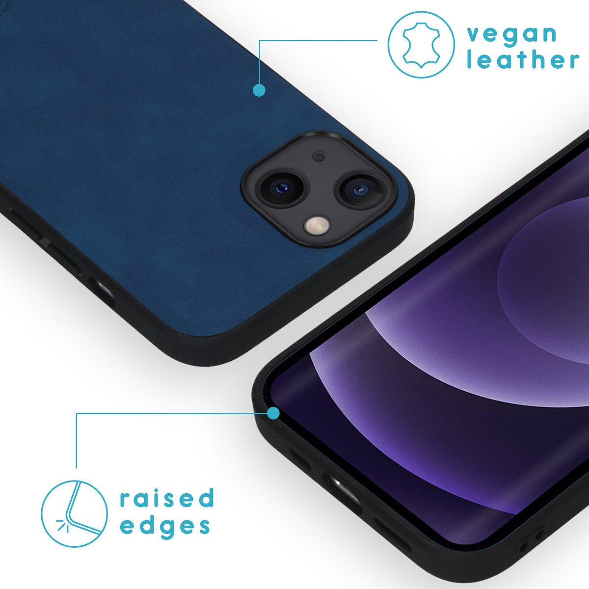 Blauwe leren telefoonhoes met telefoon. Verhoogde randen zichtbaar, tekst zegt vegan leer.