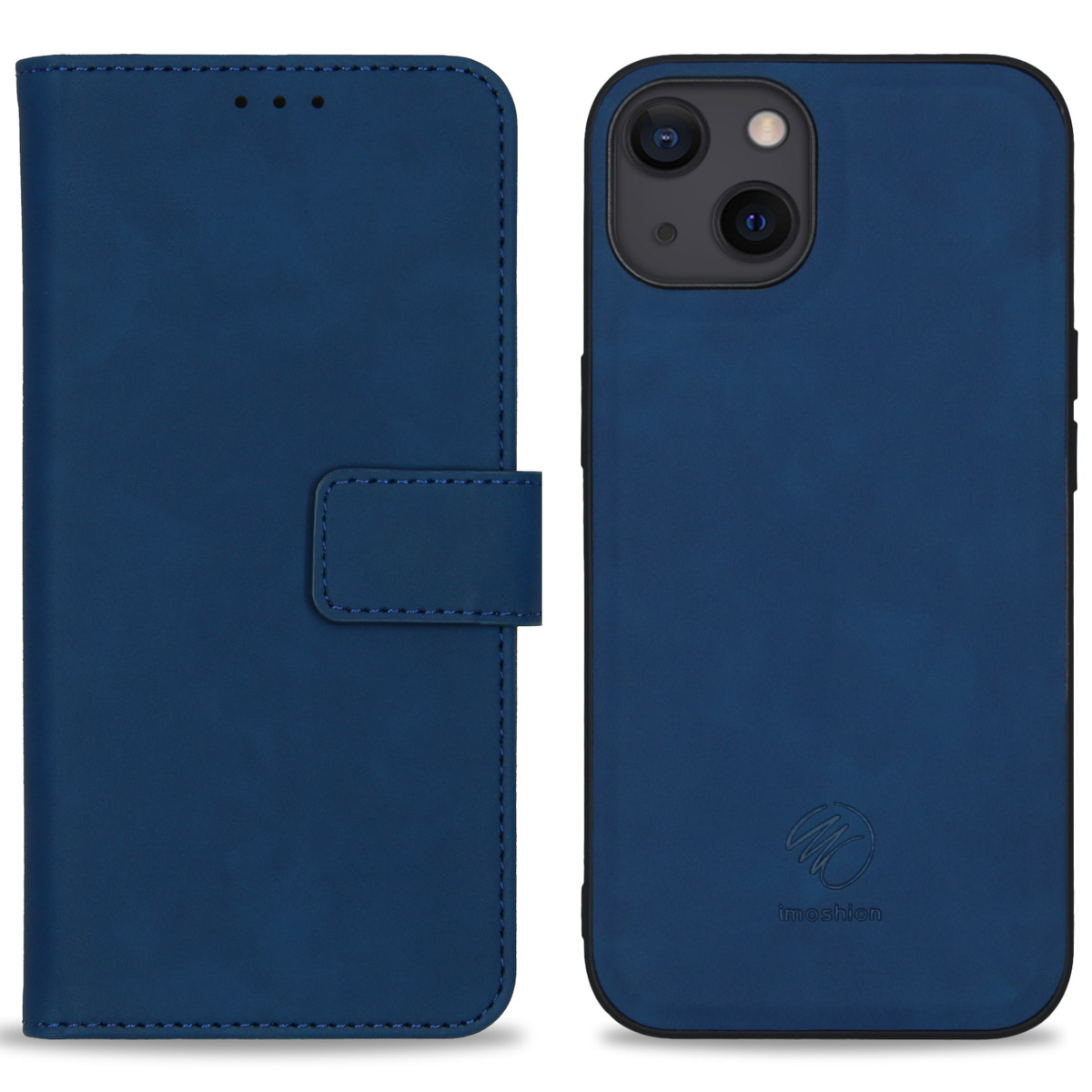 Blauwe telefoonhoes en telefoon. De hoes is gesloten met imoshion-logo.