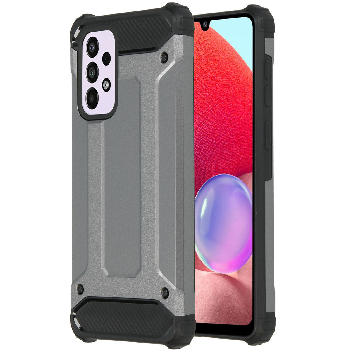 Un étui de téléphone gris avec un téléphone à l'intérieur. L'étui a un design noir et gris.