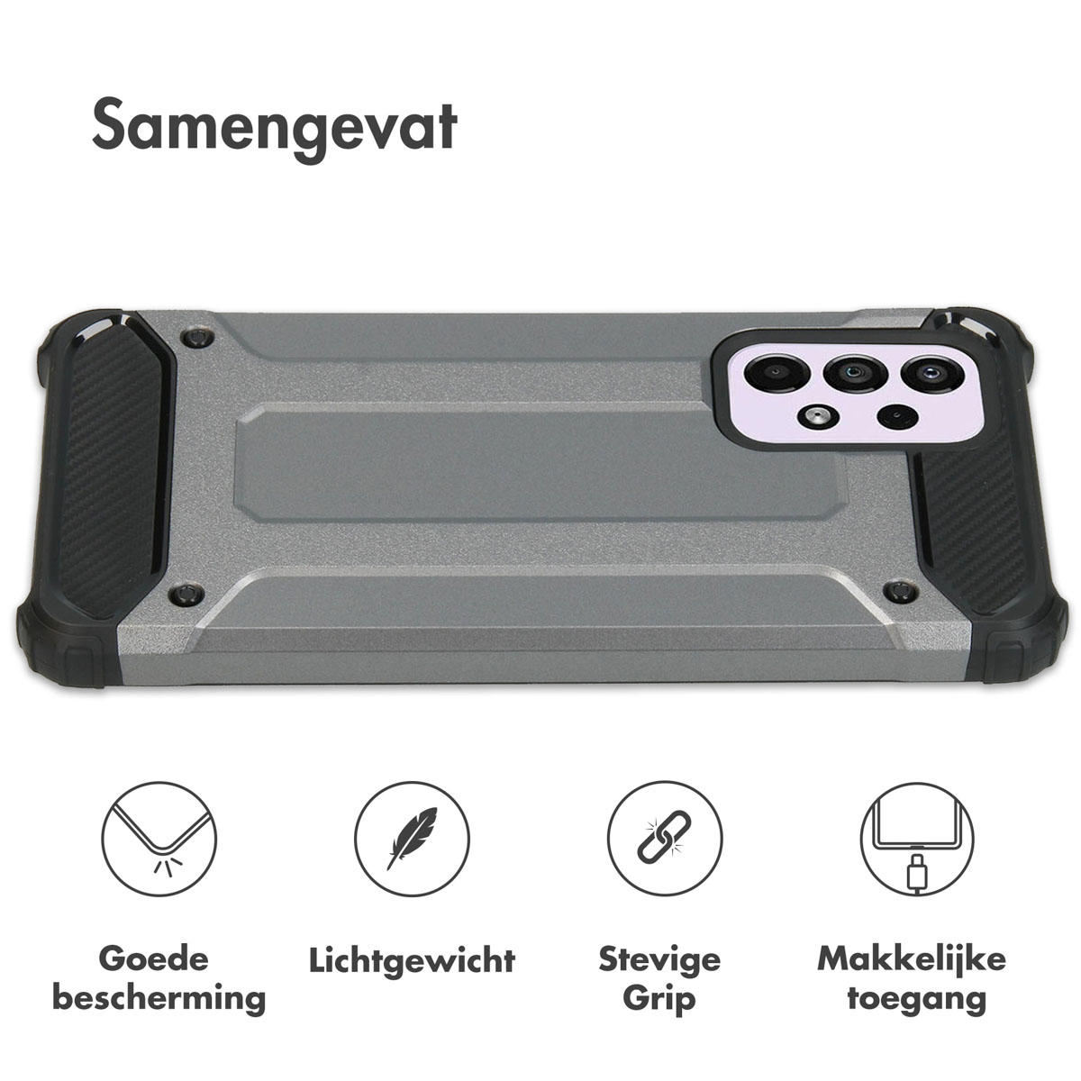 Une coque de téléphone grise. Texte : Bonne protection, Léger, Prise ferme, Accès facile.