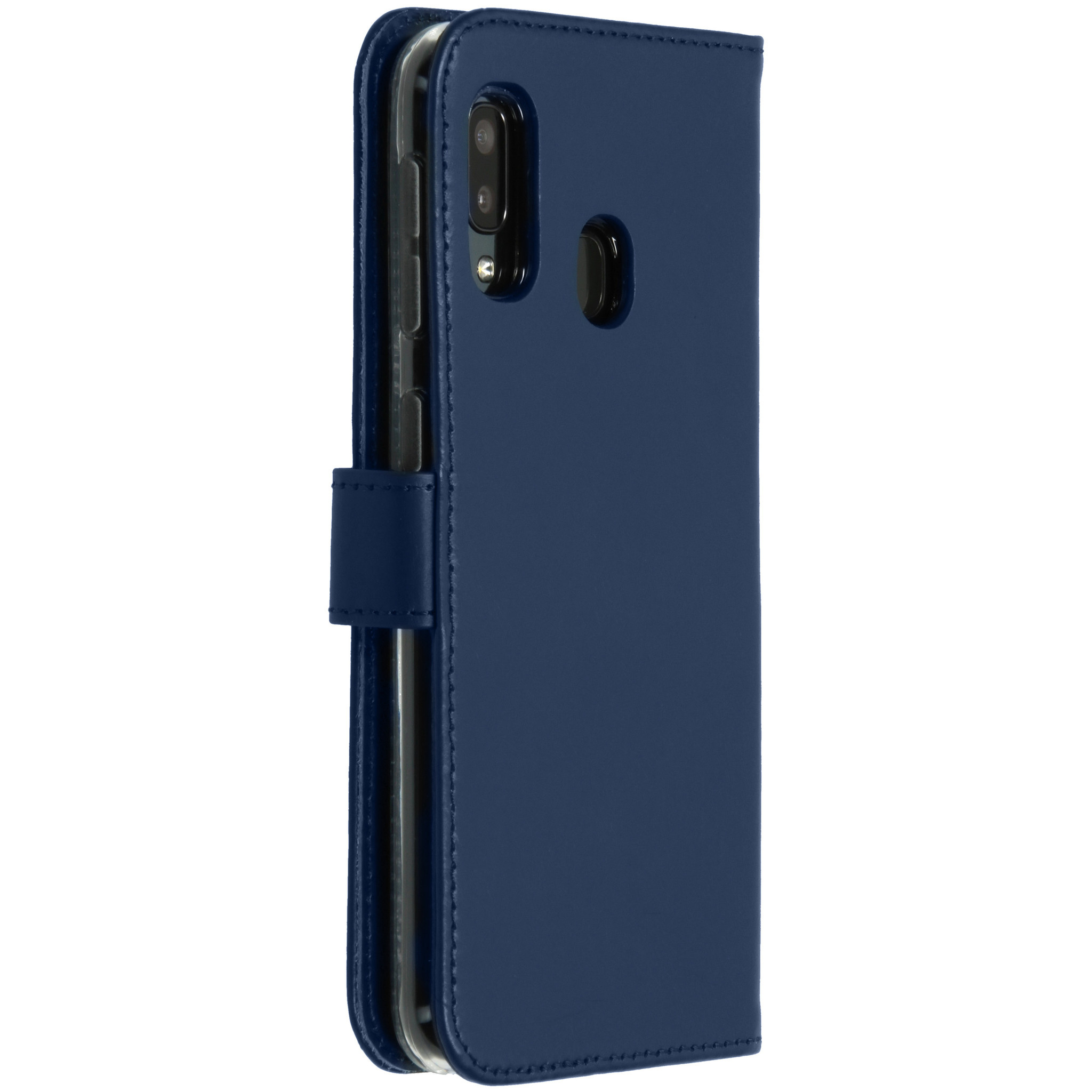 Blauwe telefoonhoes gesloten. De telefoonhoes wordt geopend om de telefoon binnenin te laten zien.