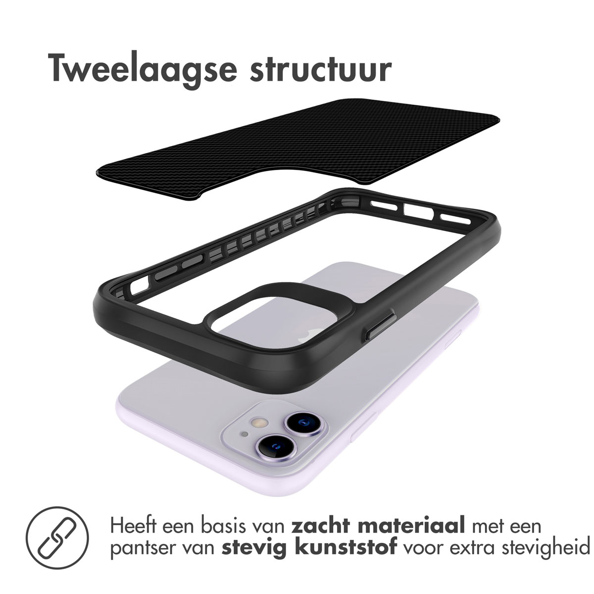 Démontage de l'étui de téléphone avec texte 'structure à deux couches' et 'matière souple'.