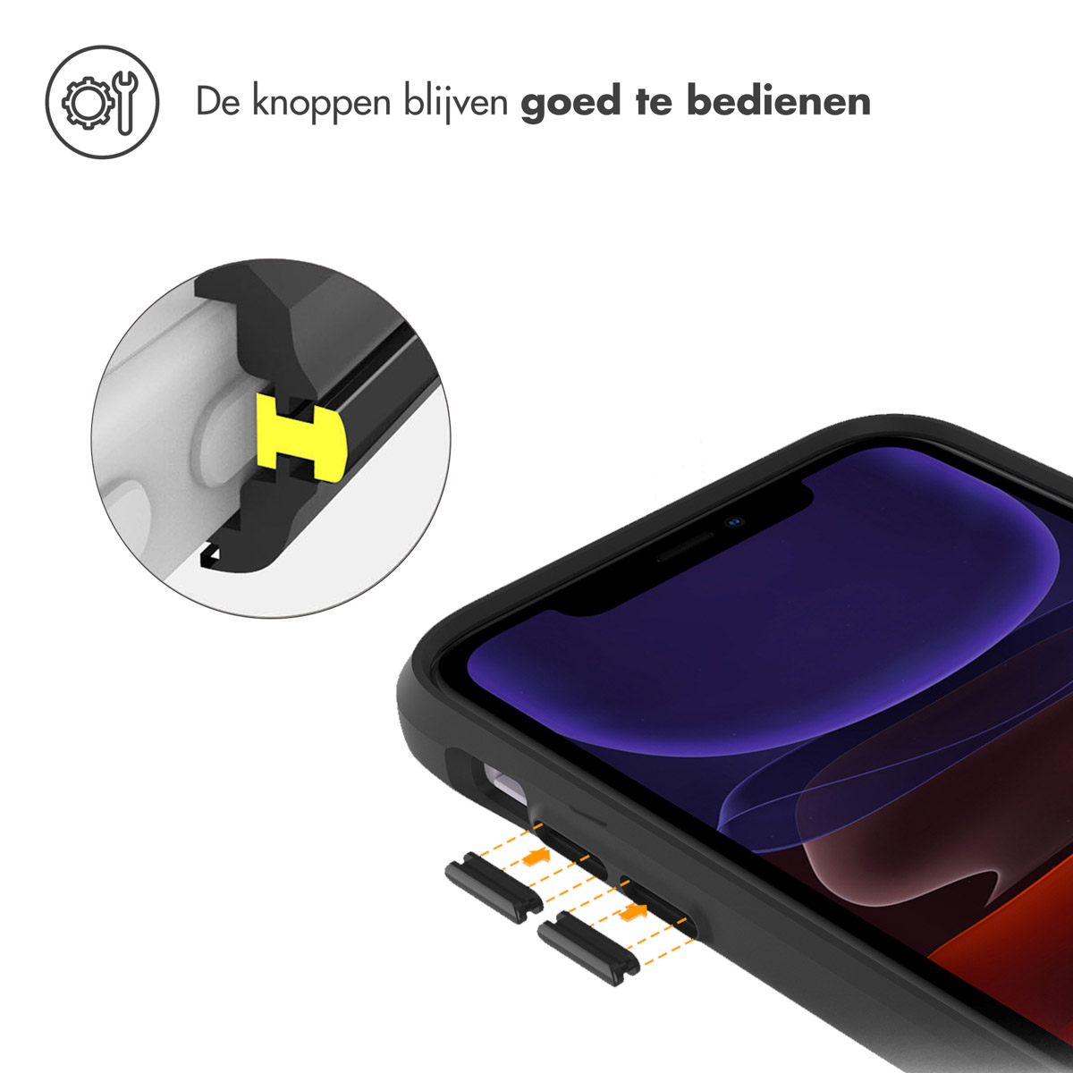 Gros plan sur les boutons du téléphone. Les boutons sont accessibles, la coque facilite l'utilisation.