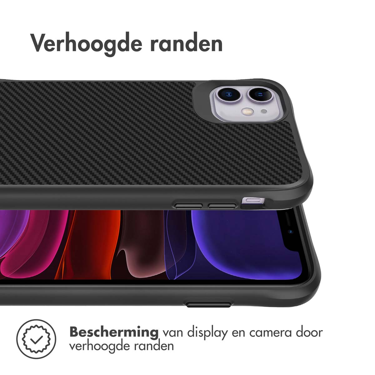 Coque de téléphone noire sur le téléphone. Texte : Protection de l'écran et de la caméra par des bords surélevés.