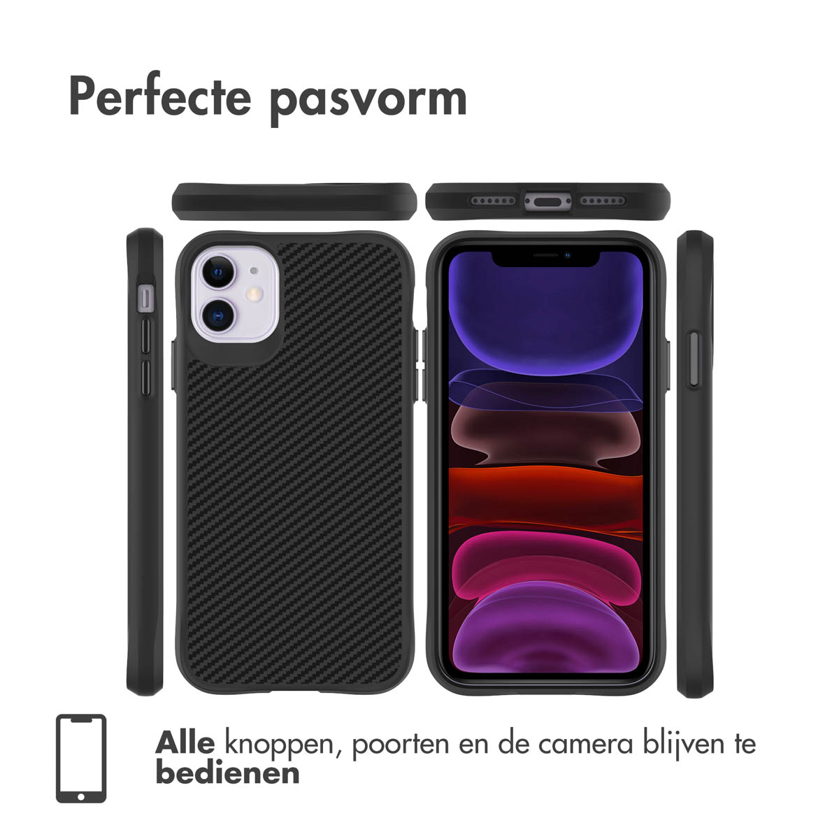 Coque de téléphone avec texture fibre de carbone. La coque est démontée, montrant les différentes pièces.