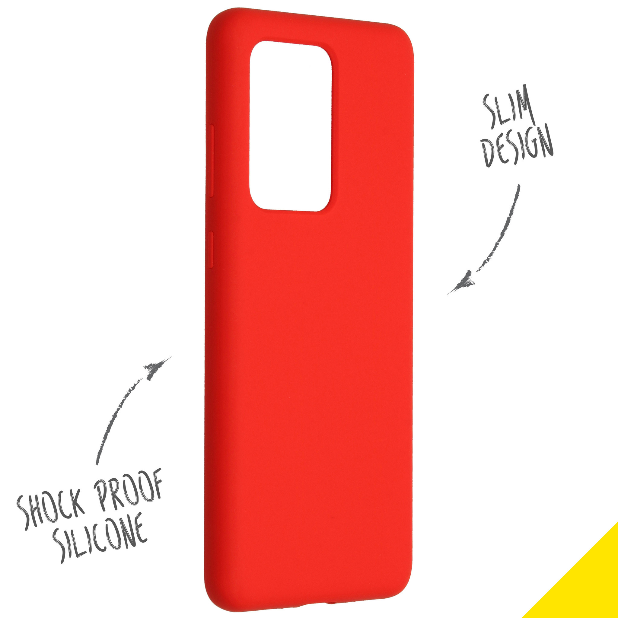 Rode telefoonhoes. Tekst: Schokbestendig siliconen, slank design. Witte achtergrond met pijlen.