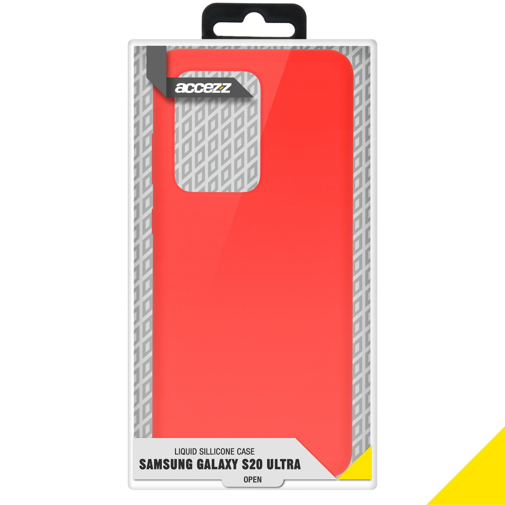 Rode Samsung S20 Ultra case in transparante doos met merknaam erboven.