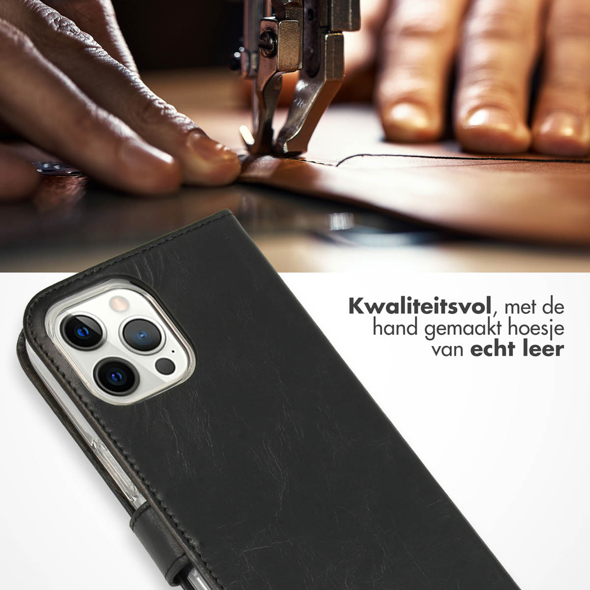Schwarze Leder-Handyhülle. Nähmaschine im Hintergrund. Handyhülle mit Kamera und Bildschirm.