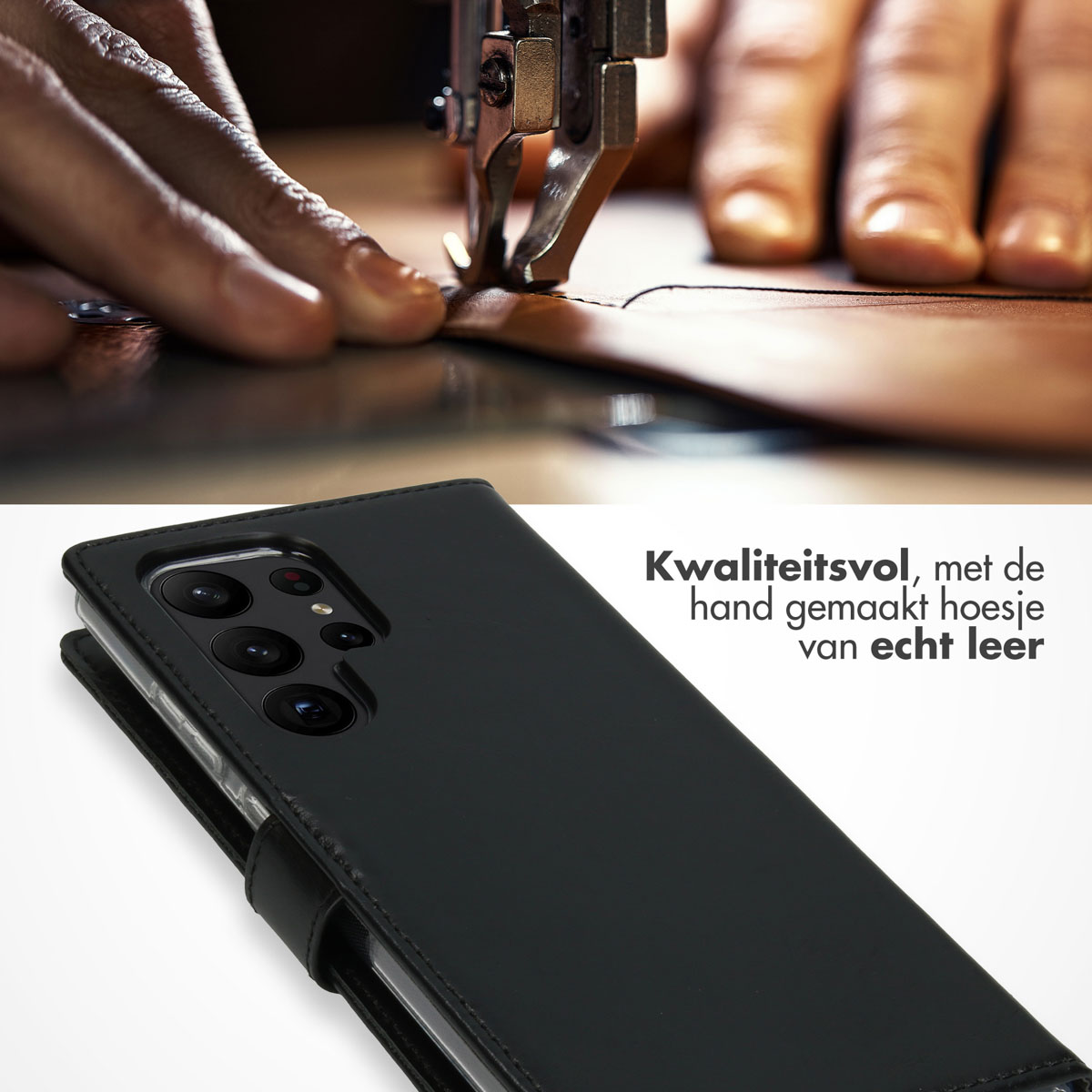 A phone case with a black leather design is being sewn. A phone is inside the case.
