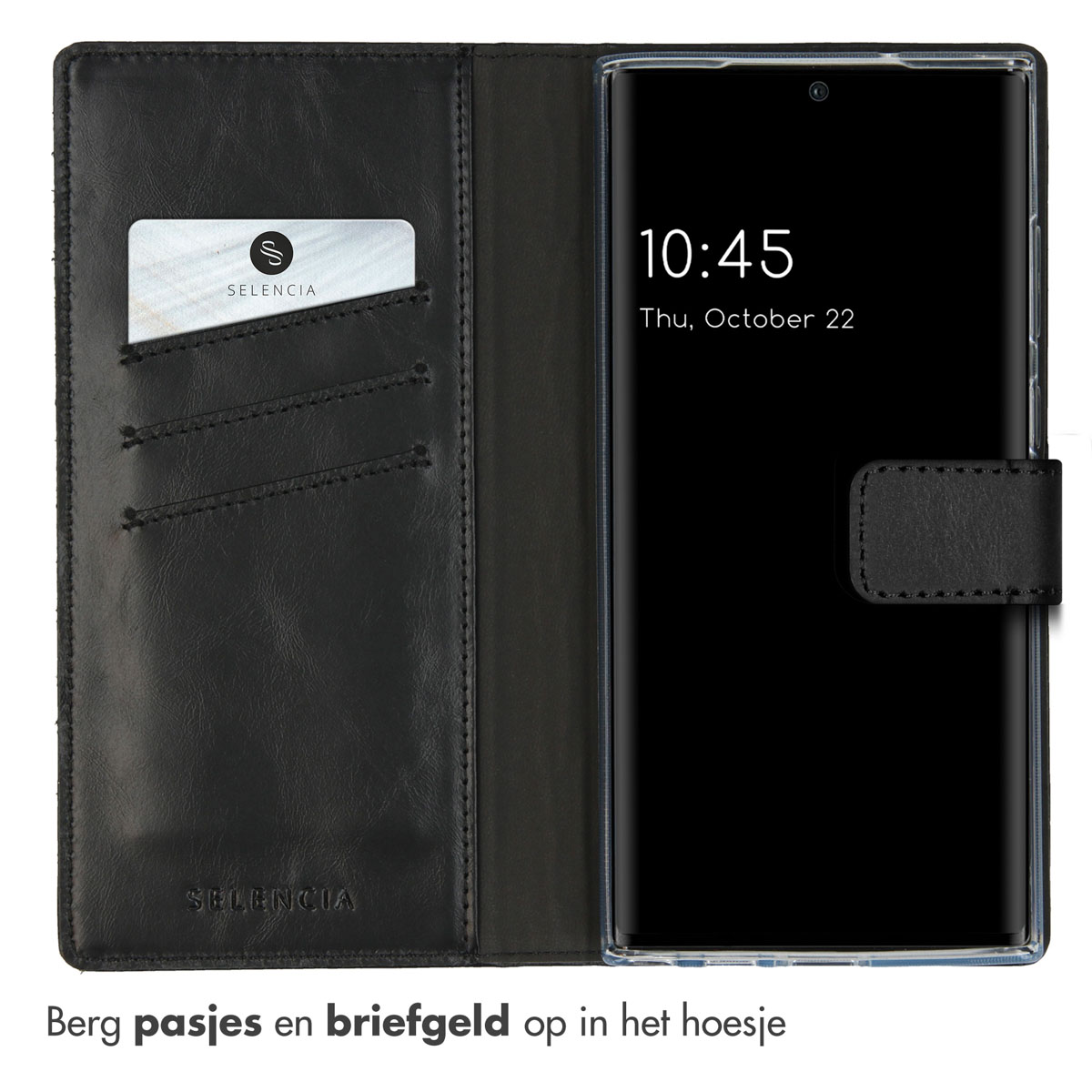 Zwart telefoonhoesje open met telefoon en kaart, op een witte achtergrond.