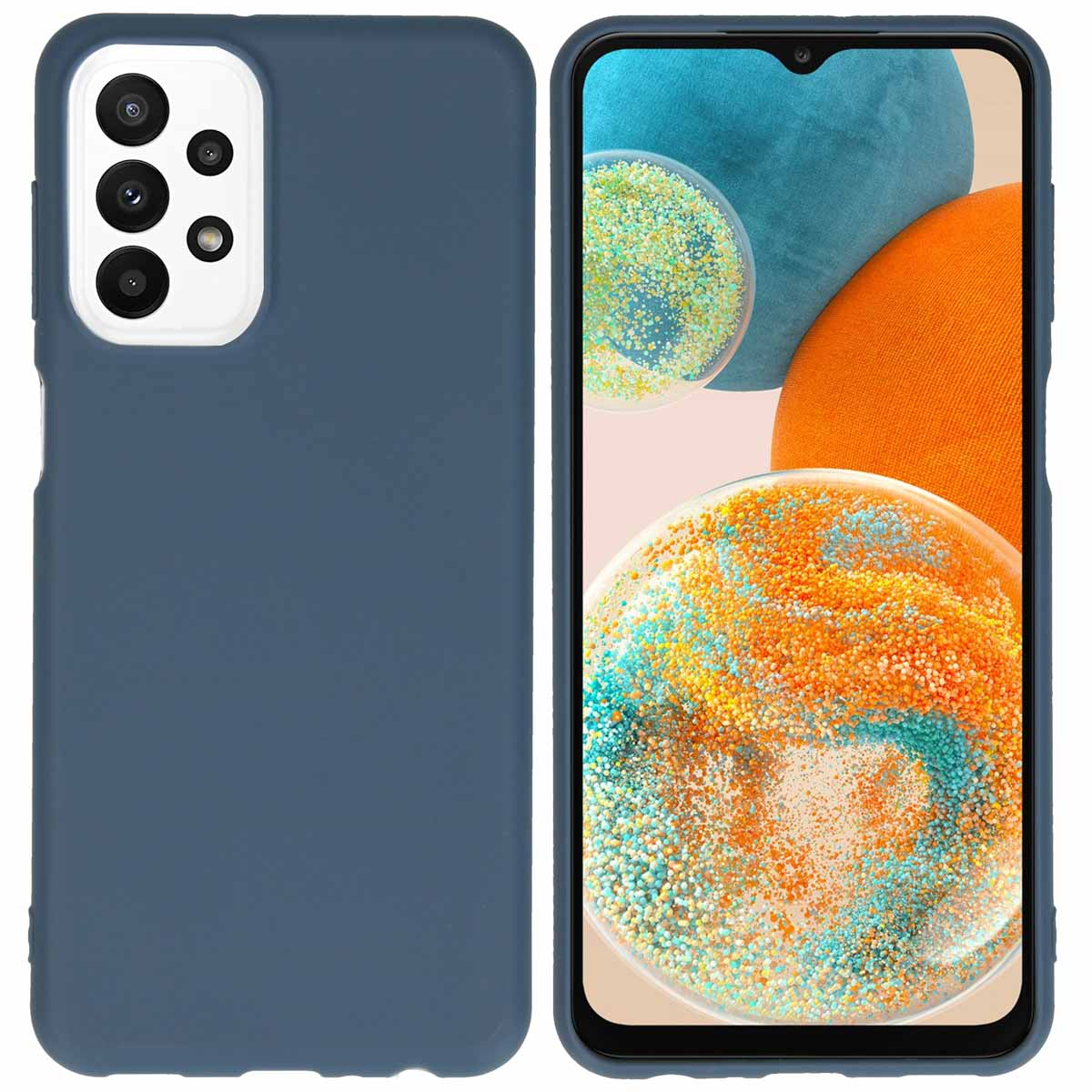 Een blauwe telefoon met een hoesje. Het scherm staat aan. De achtergrond is een kleurrijk abstract ontwerp.