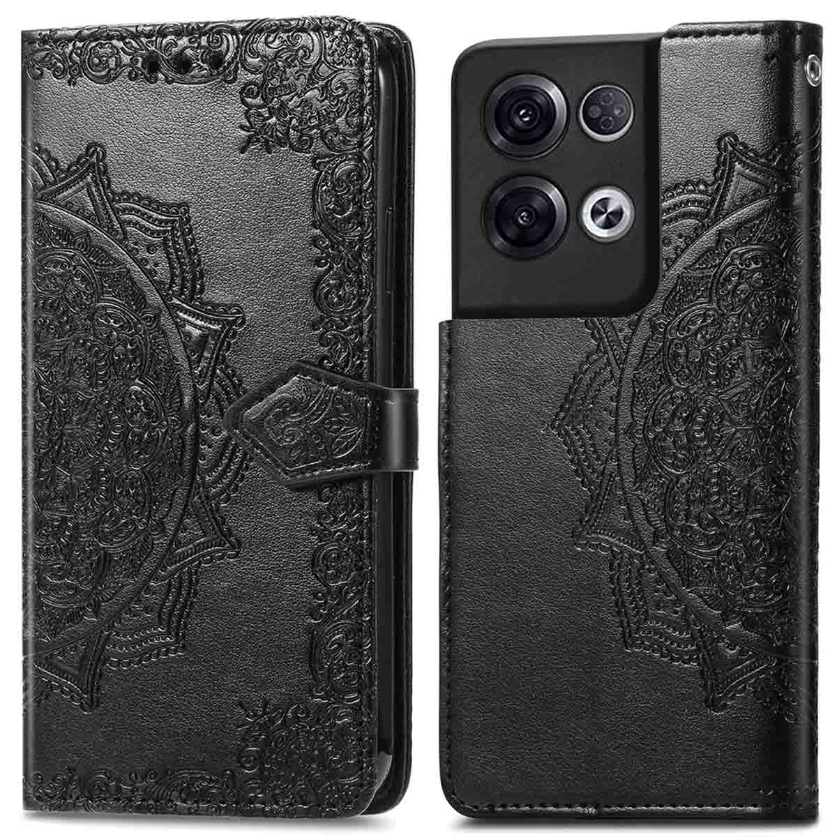 Étui de téléphone noir avec motif mandala. Le texte dit: Fonctions pratiques.