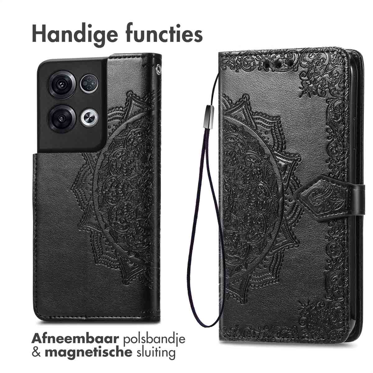 Étui de téléphone noir ouvert, avec un motif mandala. Il a une dragonne amovible et une fermeture magnétique.