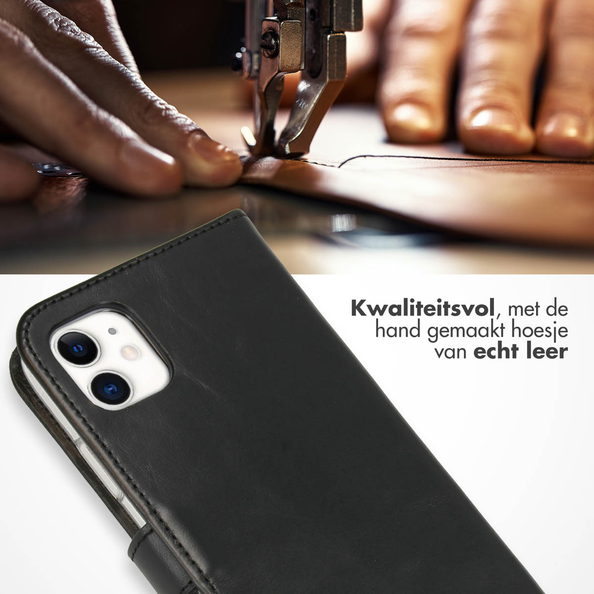 Una custodia per telefono con un design in pelle nera viene cucita. Un telefono è all'interno della custodia.