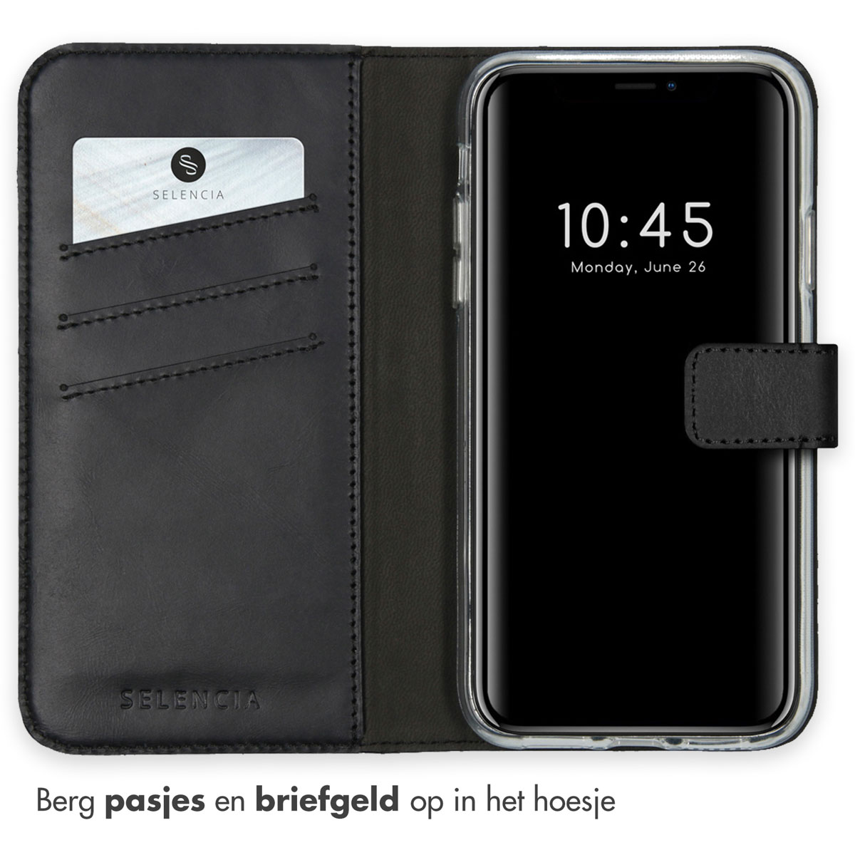 Étui de téléphone noir avec fentes pour cartes et téléphone affichant l'heure.
