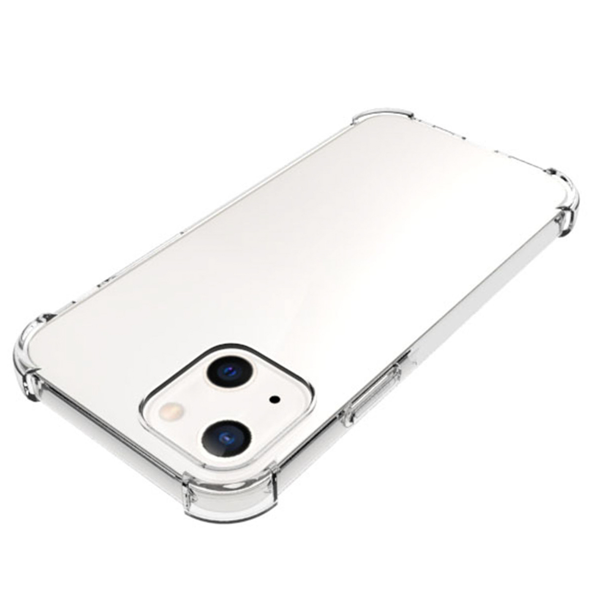 Transparante telefoonhoes op een witte achtergrond.