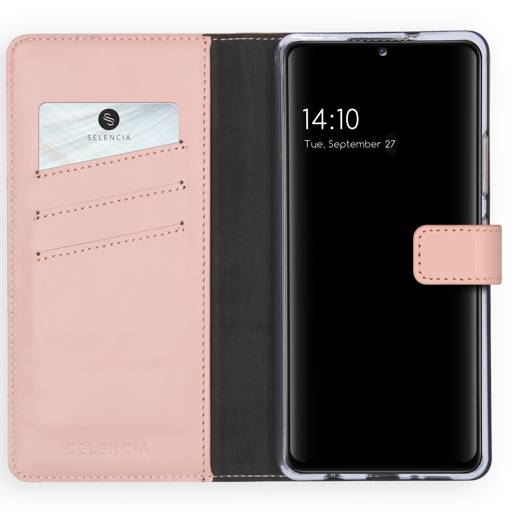 Étui de téléphone rose ouvert avec téléphone et carte de crédit. Texte: Berg pasjes en briefgeld op in het hoesje.