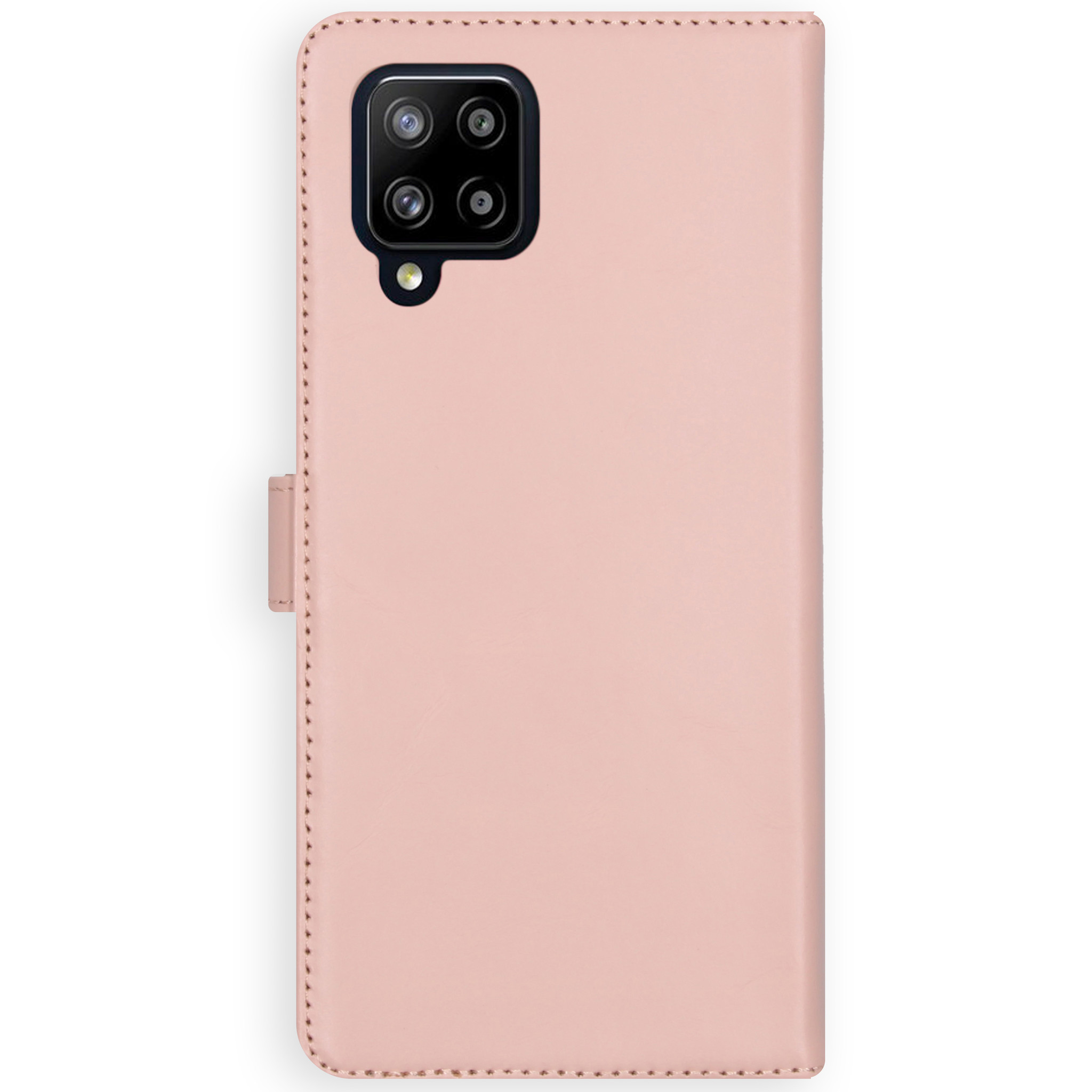 Étui de téléphone rose avec découpes pour appareil photo. L'étui est ouvert.