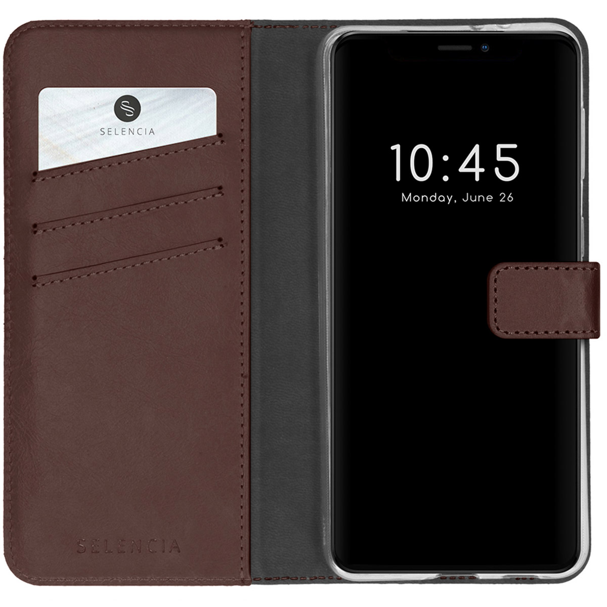 Offene braune Handyhülle, die ein Telefon mit Uhr und Kreditkarte zeigt.